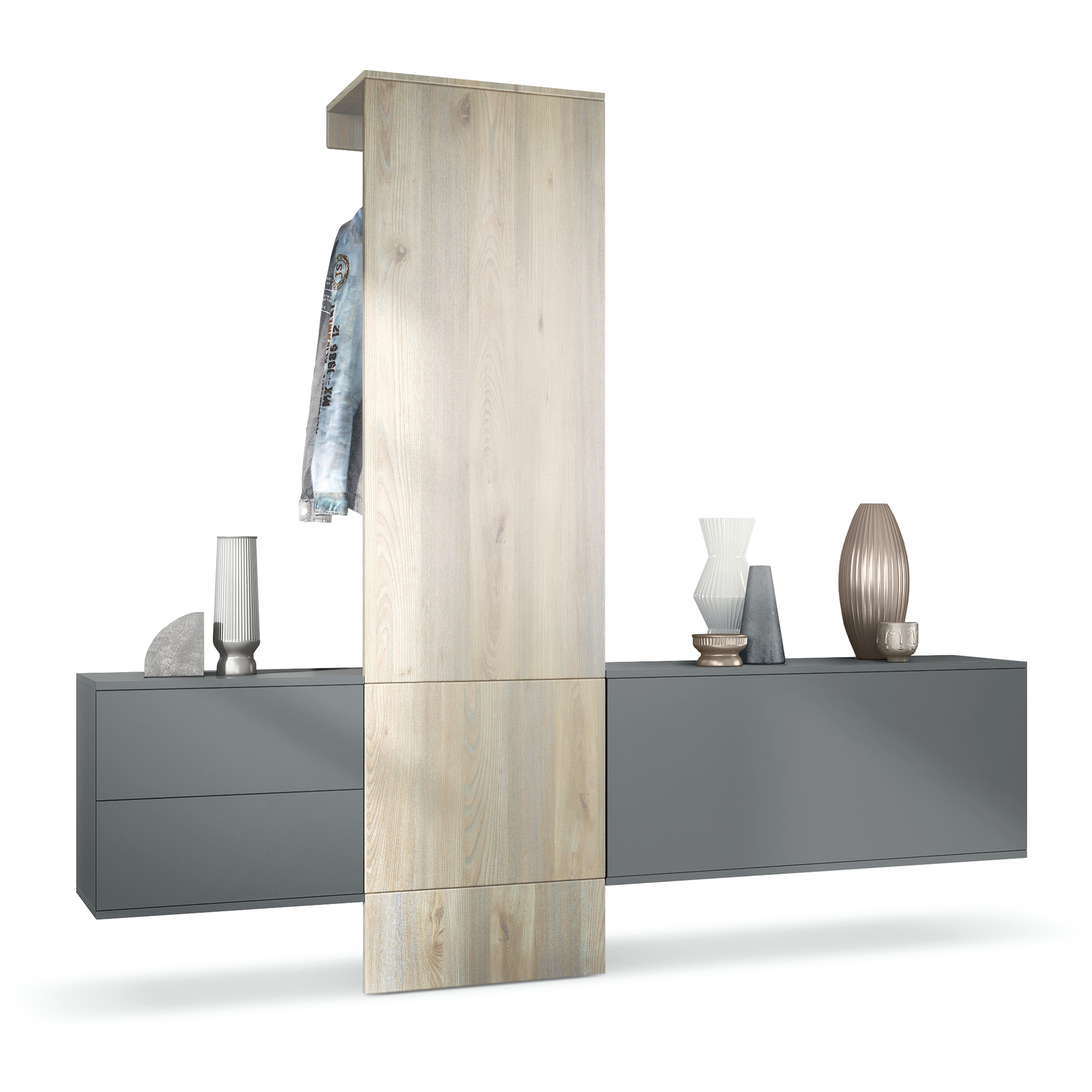 Garderobe Carlton Set 1 Anthrazit 4-tlg. 1 Paneel, 1 Schubkastenschrank und 1 Schrankmodul Anthrazit matt/Eiche Nordic (209 x 193 x 35 cm)