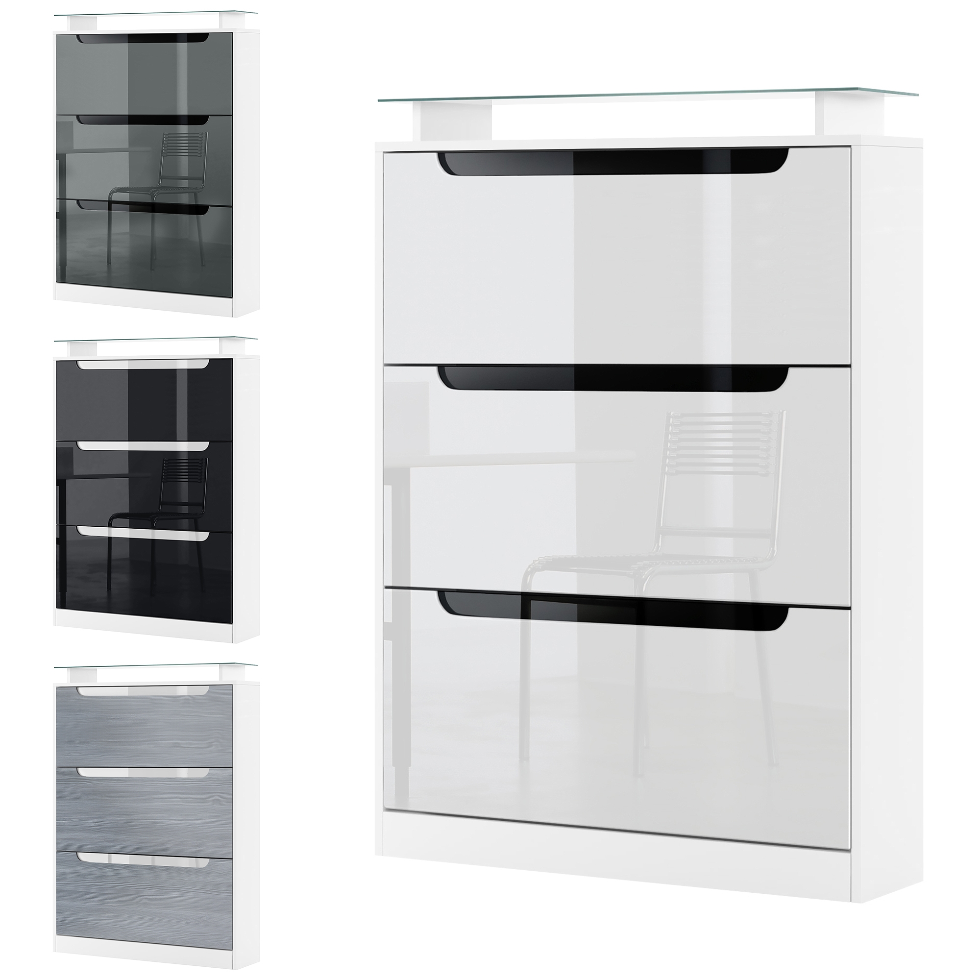 Schuhschrank Space  für 24 Paar Schuhe mit 3 Klappen und Glasablage Weiß matt/Brombeer glänzend/Absetzung in Weiß glänzend (89x128x23 cm)