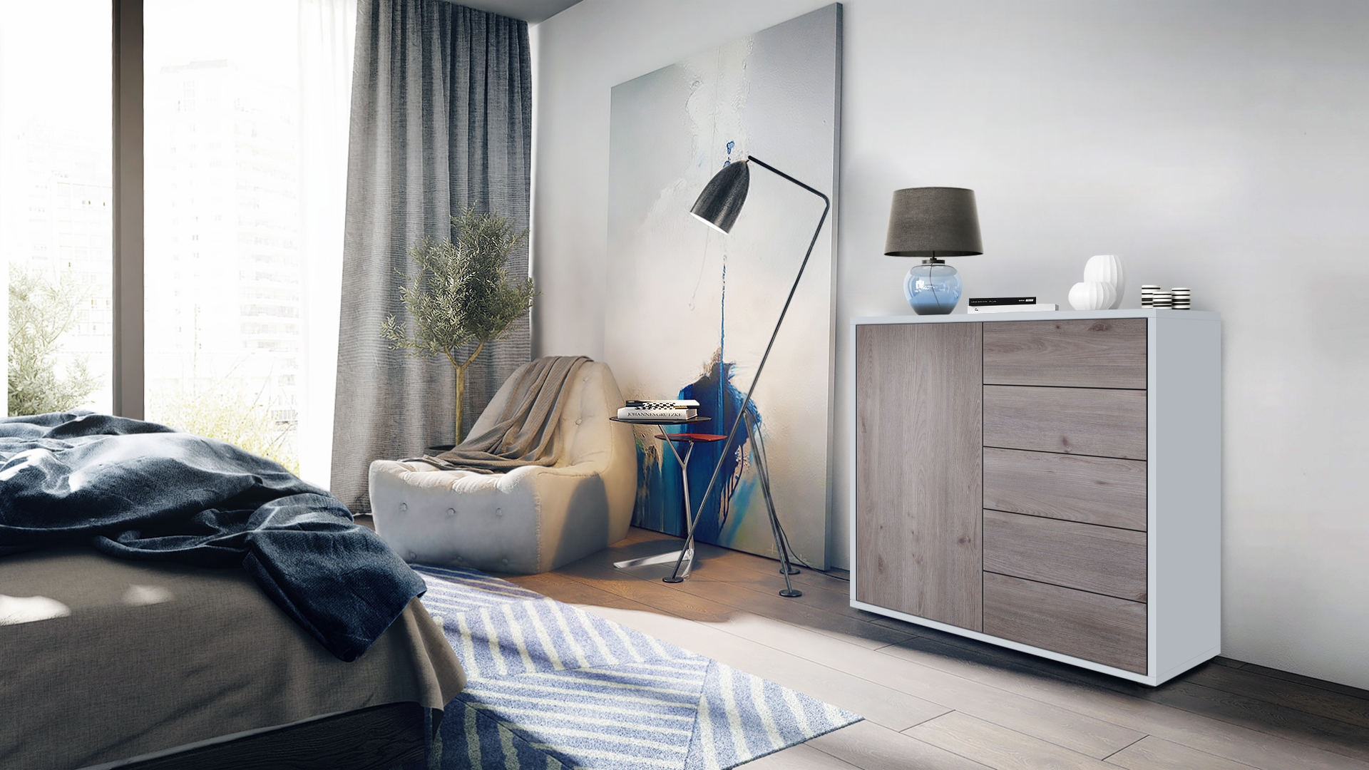 Kommode Ben V2  mit 1 Tür und 5 Schubladen Weiß matt/Eiche Nordic (79 x 74 x 36 cm)