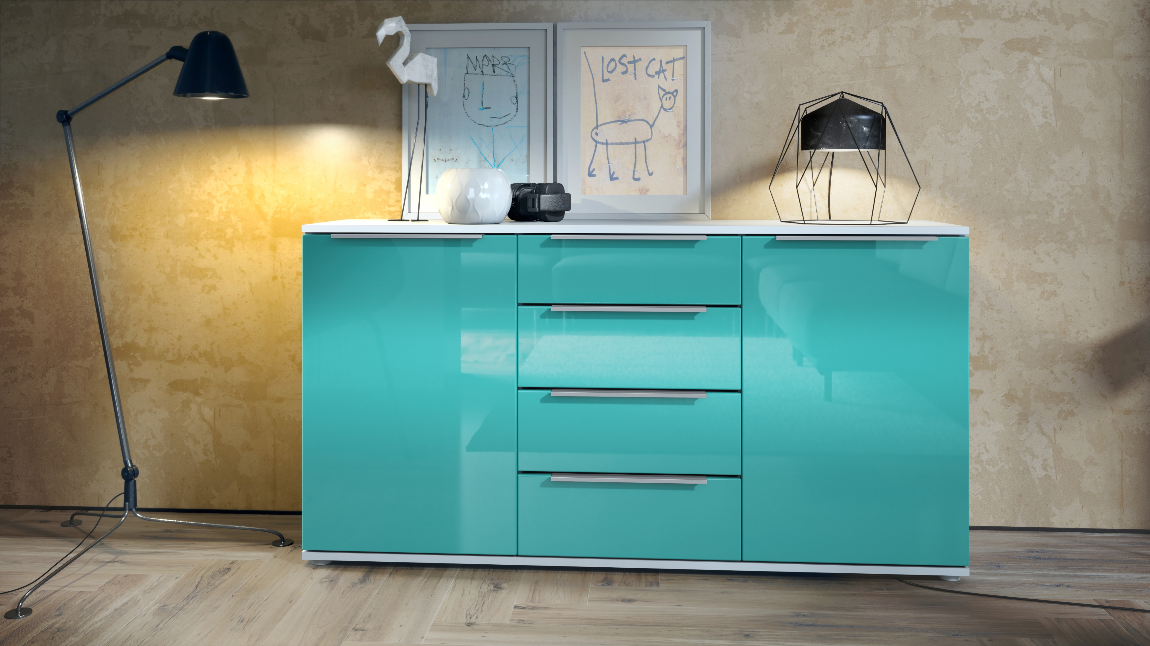Linio V1 Sideboard  mit 2 Türen und 4 Schubladen Weiß matt/Petrol Hochglanz (139 x 72,5 x 35 cm)