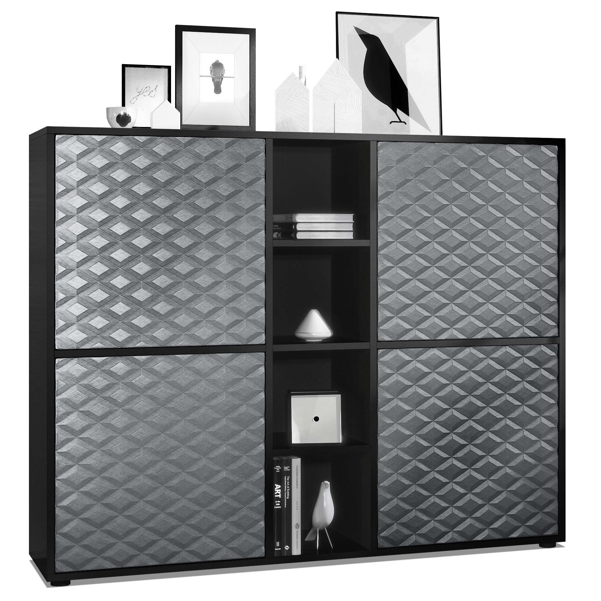 Highboard Cuba V3 mit 4 Türen und 4 offene Fächer Schwarz matt/Stahlgrau 3D Struktur (130,5x105,5x35,5 cm)