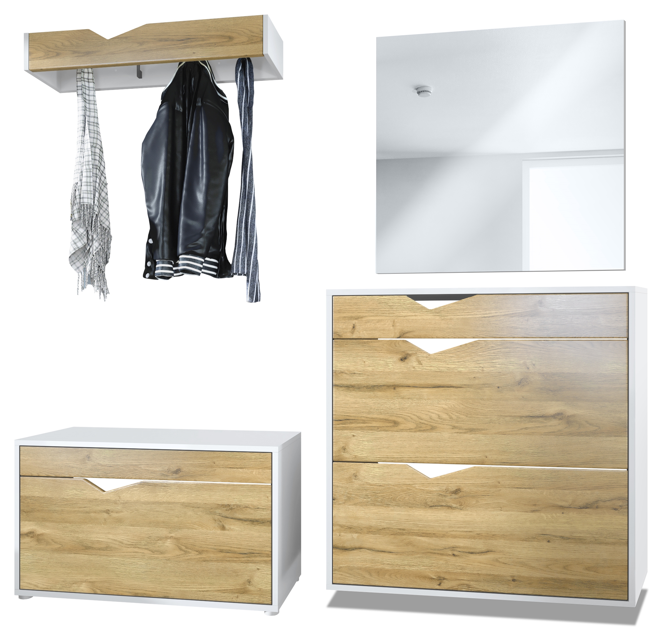 Garderobenset Kolmio 1 Schuhbank, 1 Spiegel und 1 Wandgarderobe Weiß matt/Eiche Natur (190 x 185 x 33 cm)