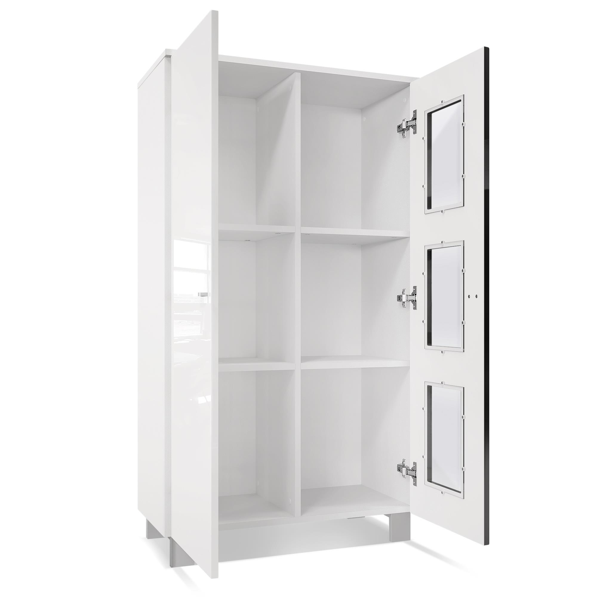 Vitrine Denjo  mit 2 Türen und 3 Glaseinsätzen Weiß matt/ Weiß Hochglanz (71 x 129 x 35 cm)