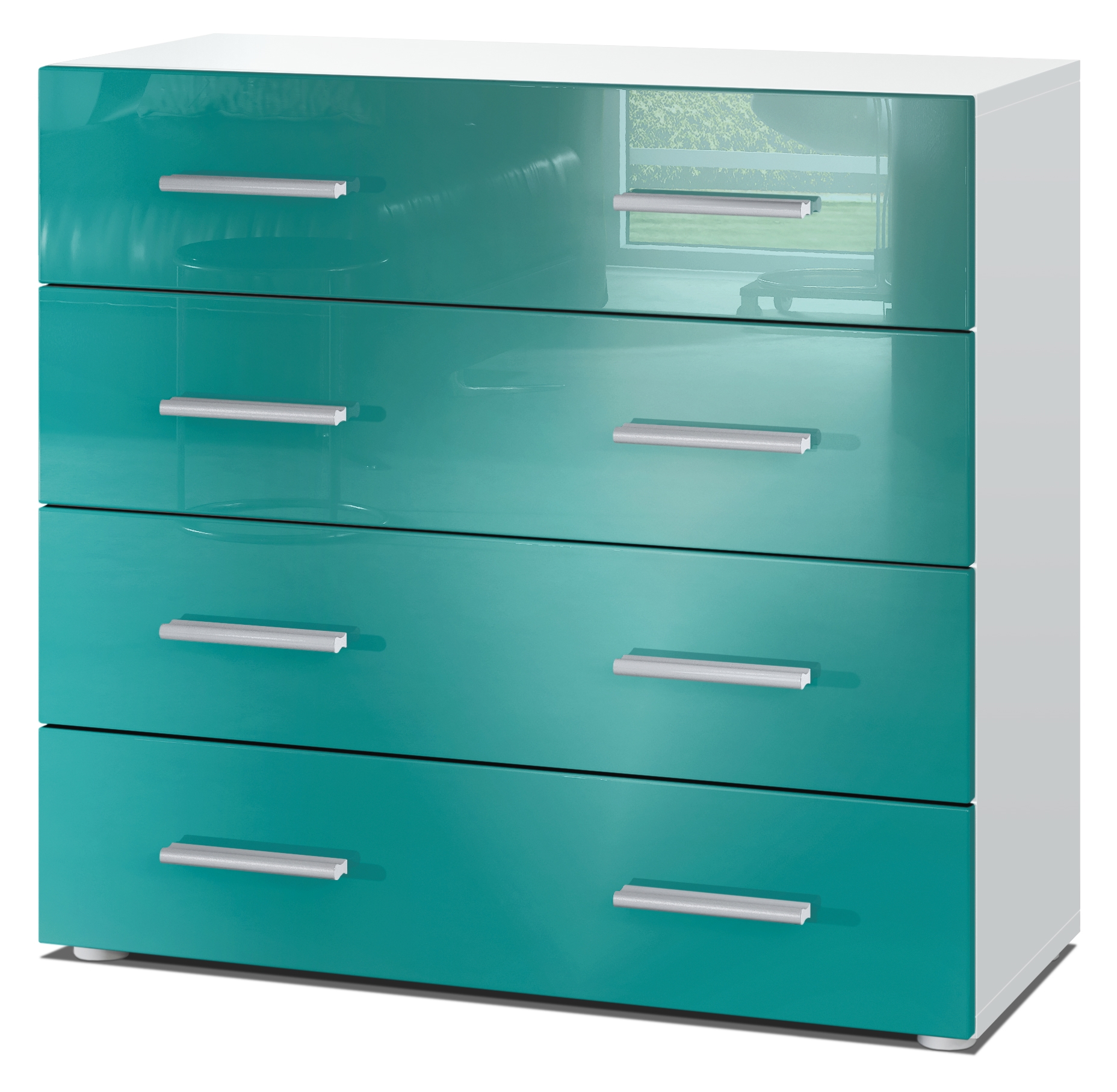 Kommode Pavos V1 ​mit 4 Schubladen Weiß matt/Petrol Hochglanz (76 x 72 x 35 cm)