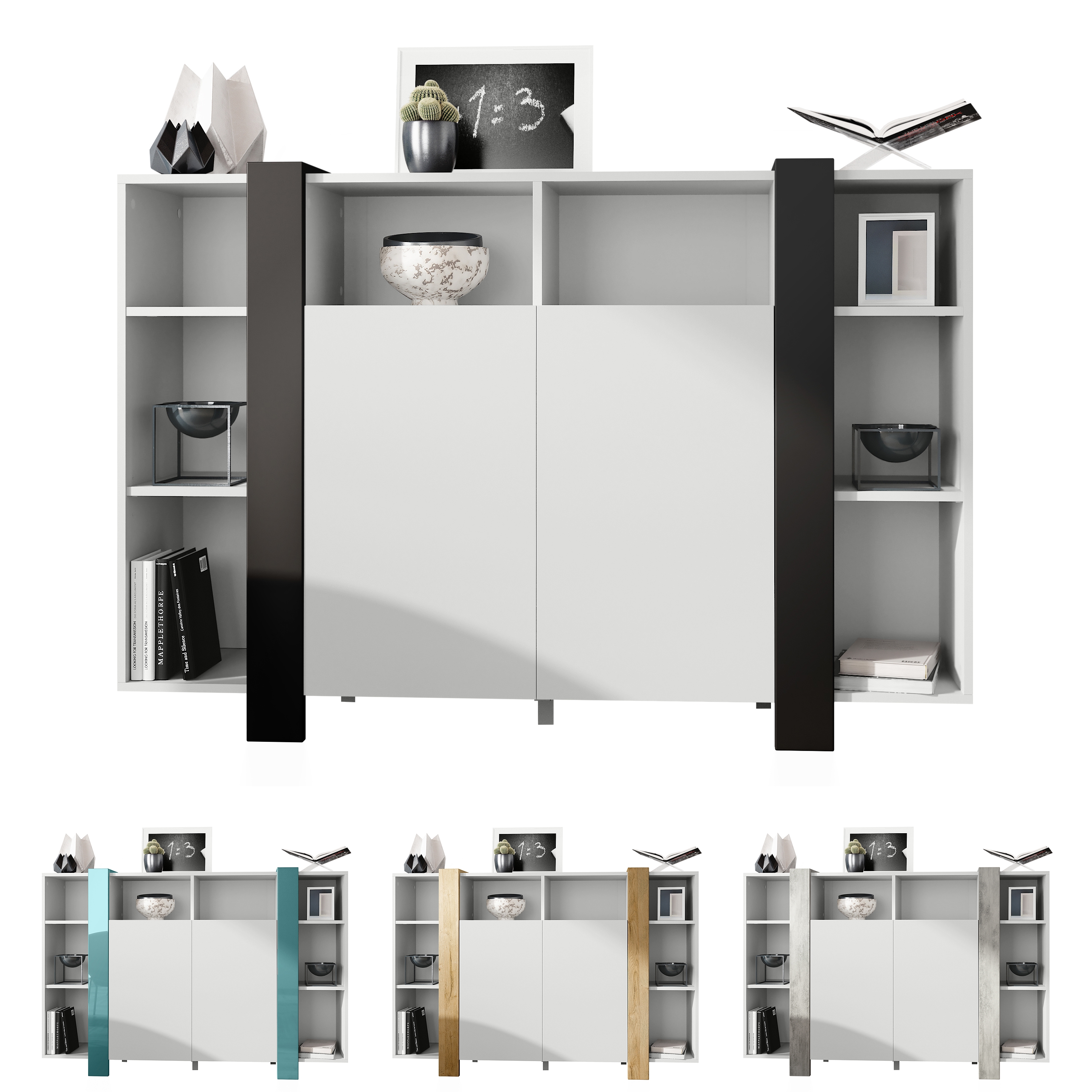 Highboard Ida V1 Weiß mit 2 Türen und 8 offene Fächer Weiß matt/Scratchy Metal (149 x 101 x 34 cm)
