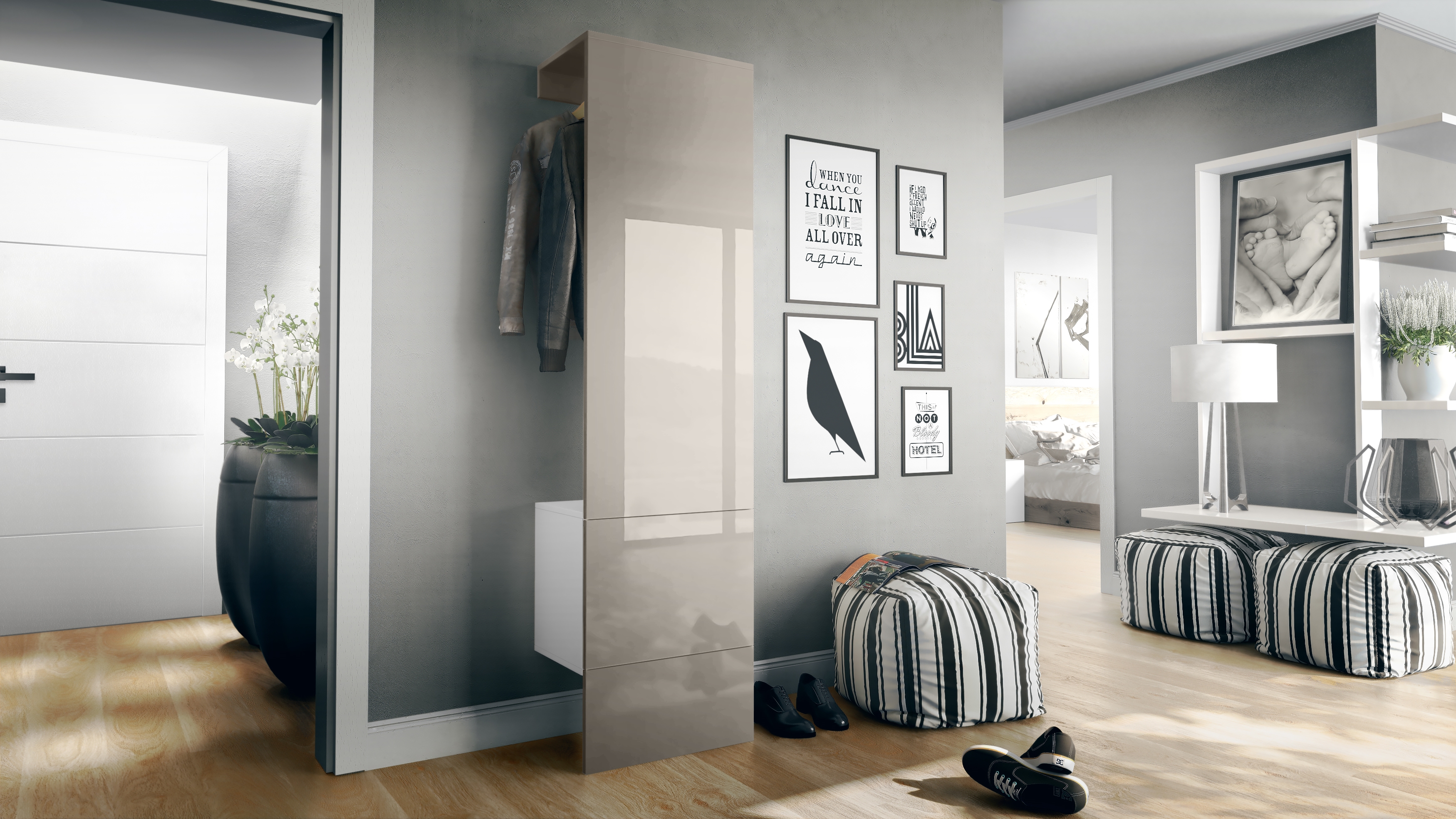 Garderobe Carlton Set 5 Weiß 1-tlg. mit integrierter Tür und 1 Kleiderstange Weiß matt/Sandgrau Hochglanz  (52 x 193 x 35 cm)