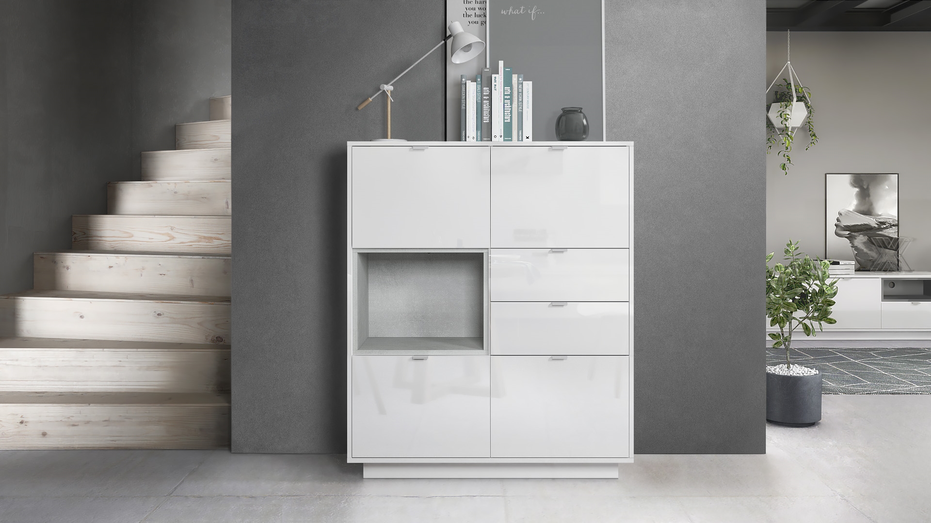 Highboard Metro  mit 4 Türen, 2 Schubladen und 1 offenem Fach Weiß Hochglanz/Beton Oxid Optik inkl. LED Beleuchtung (103x123x38 cm)
