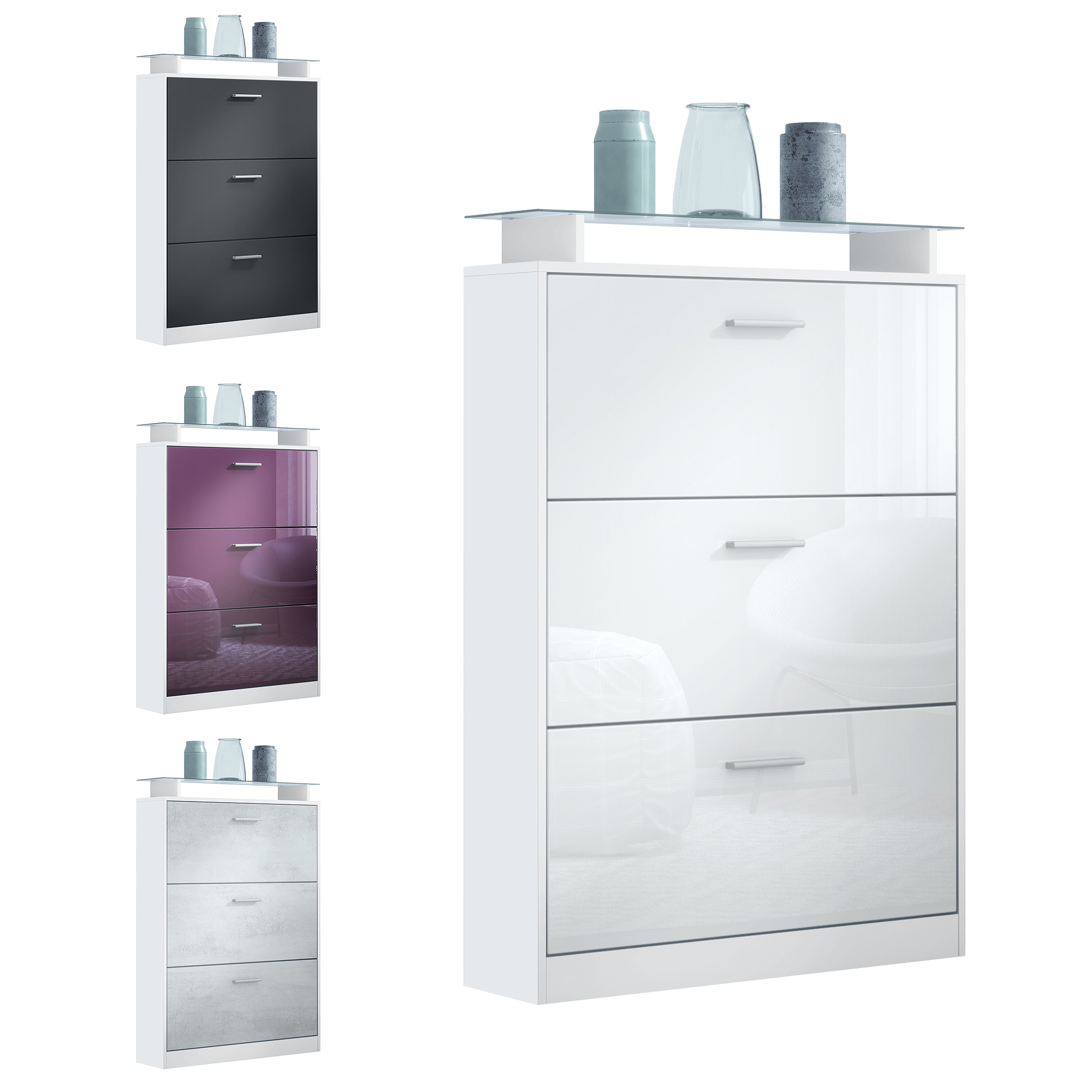 Schuhschrank Lavia  für 24 Paar Schuhe mit 3 Klappen und Glasablage Weiß matt/Eiche sägerau (89 x 128 x 23 cm)