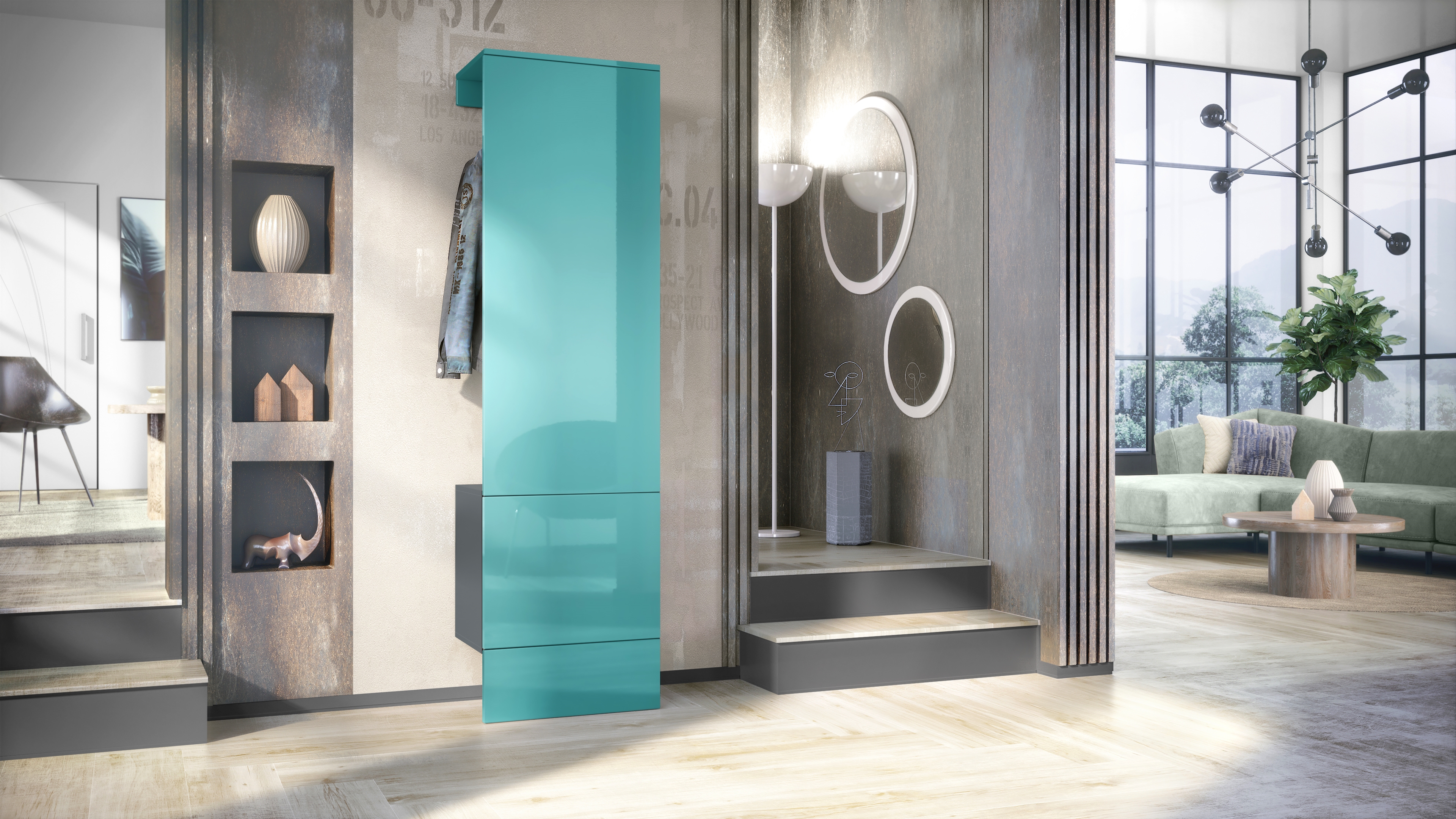 Garderobe Carlton Set 5 Anthrazit 1-tlg. mit integrierter Tür und 1 Kleiderstange Anthrazit matt/Petrol Hochglanz (52 x 193 x 35 cm)