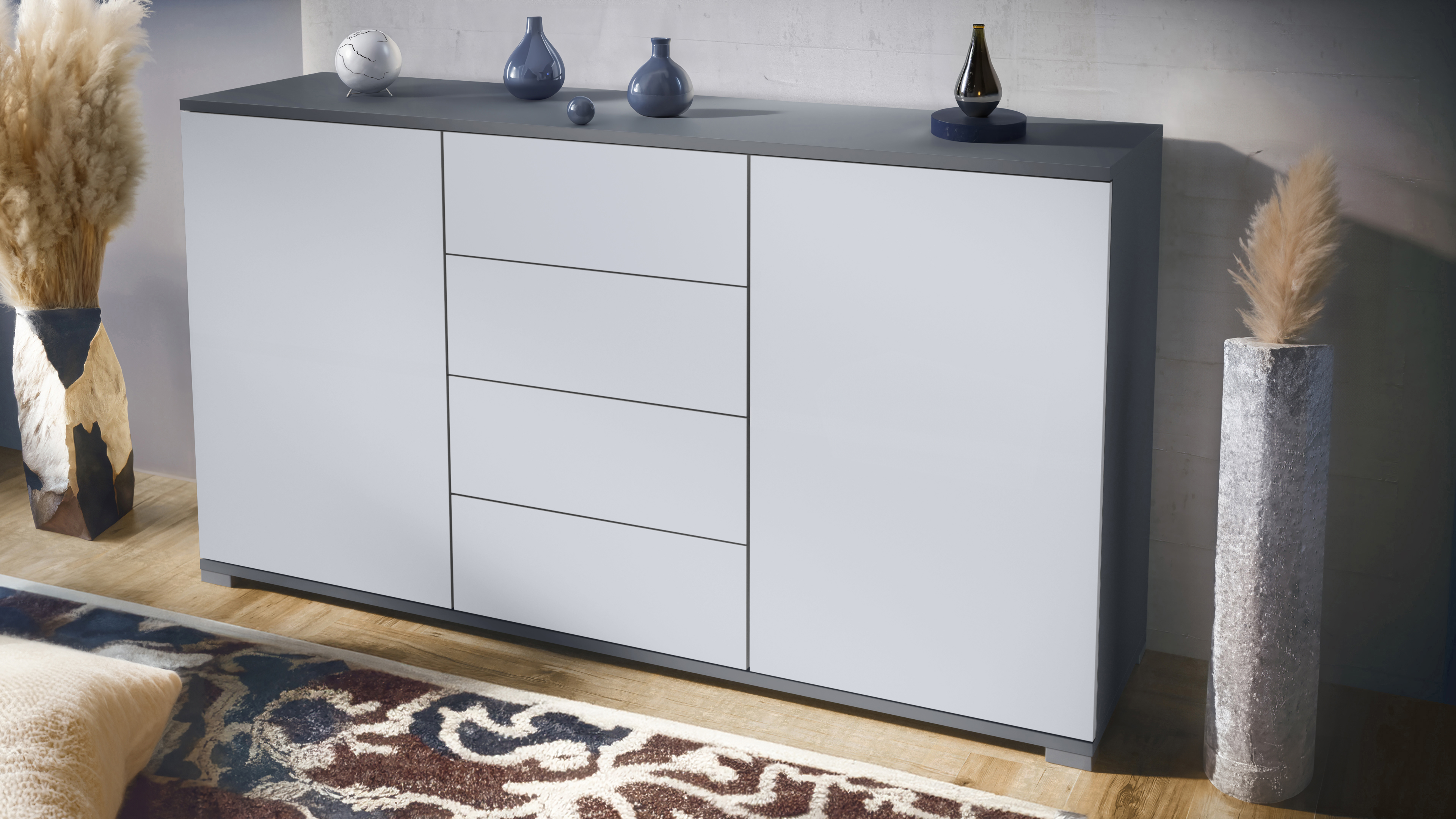 Santo V1 Sideboard Anthrazit mit 2 Türen und 4 Schubladen Anthrazit matt/Weiß matt (138,5 x 75,5 x 35 cm)