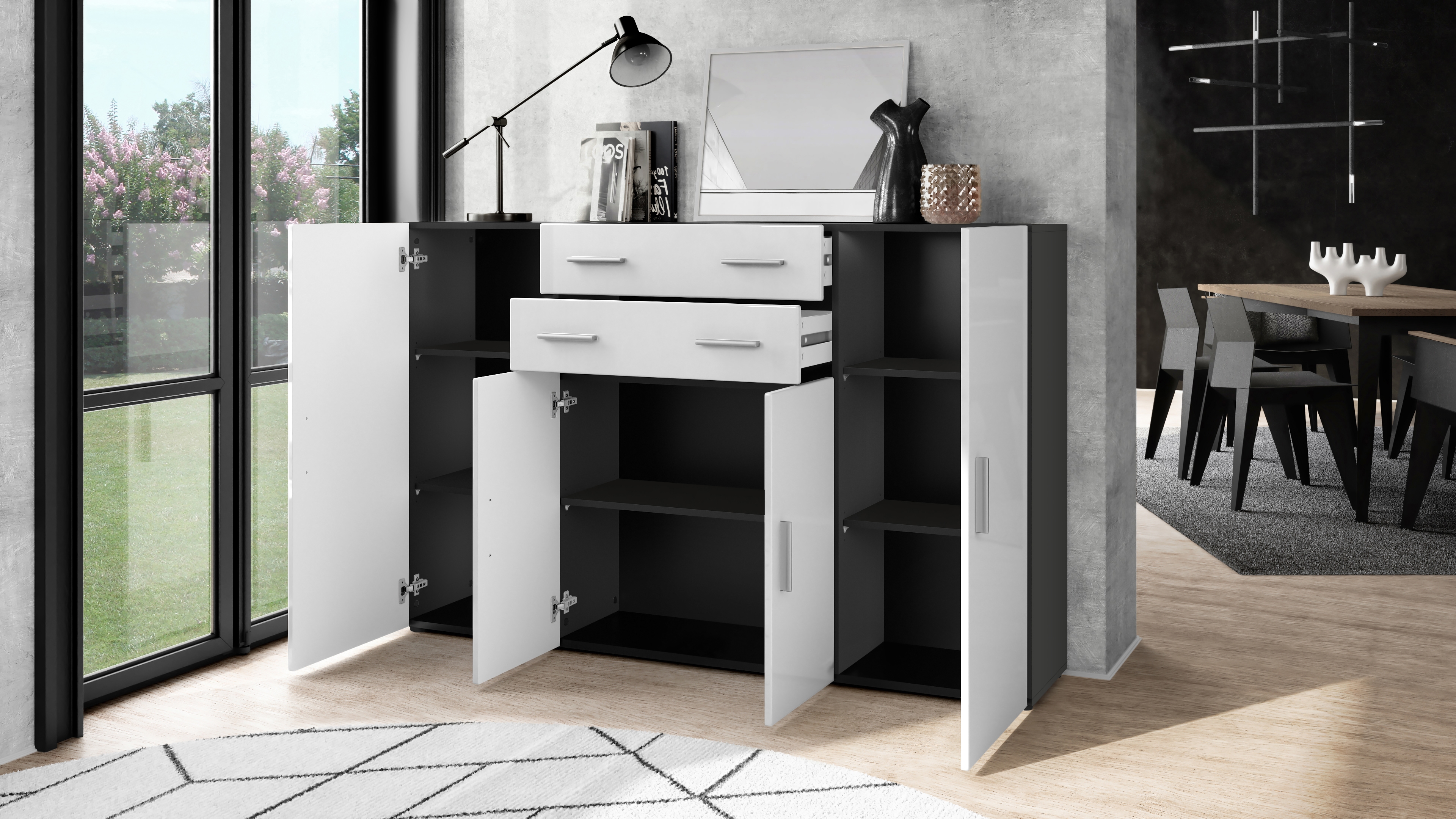 Highboard Aron  mit 4 Türen und 2 Schubladen Anthrazit matt/Avola-Anthrazit (166,5 x 106,5 x 35 cm)