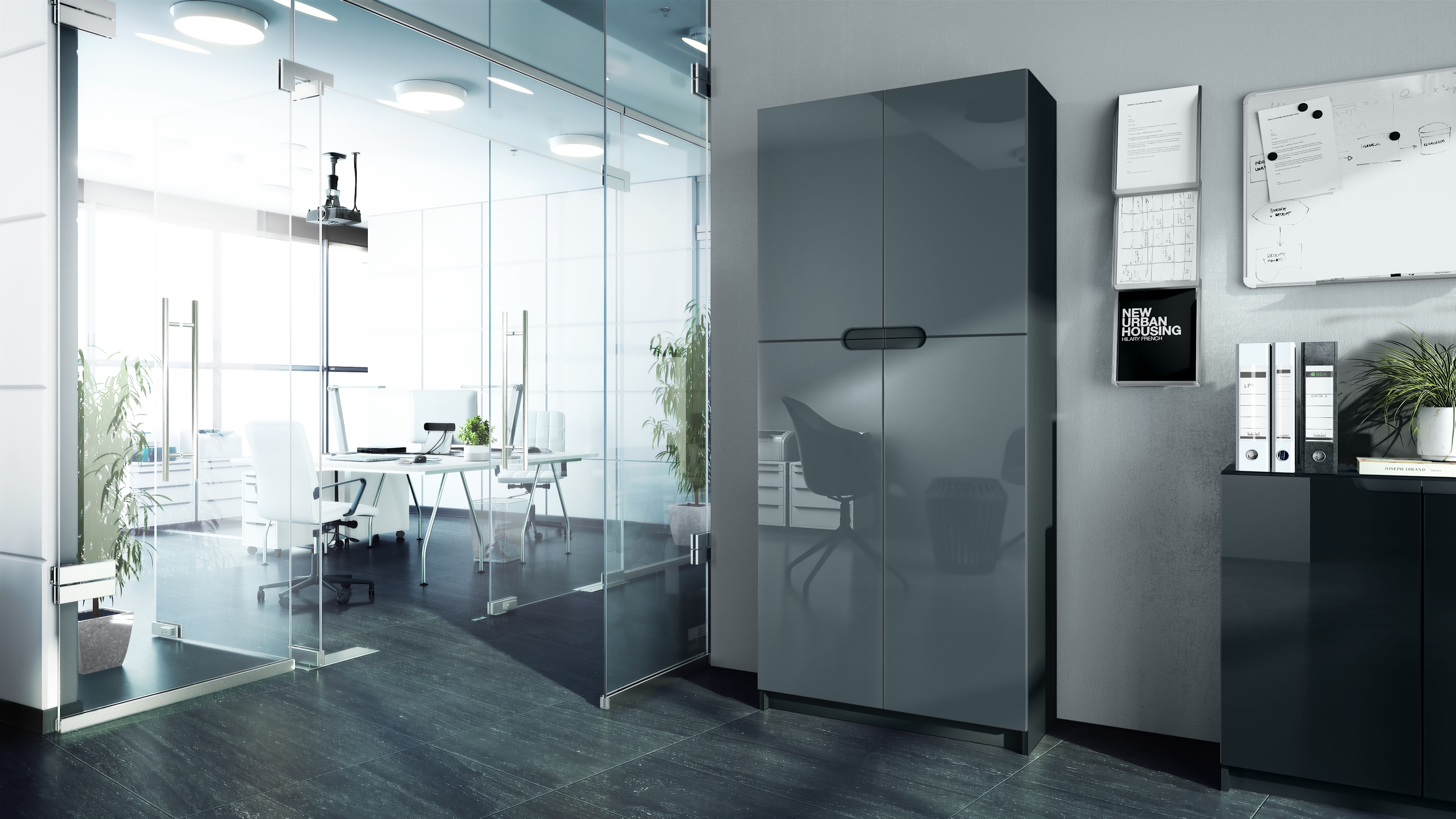 Büroschrank Logan V1 mit 5 Fächern und 4 Türen Schwarz matt/Grau Hochglanz (82 x 185 x 37 cm)