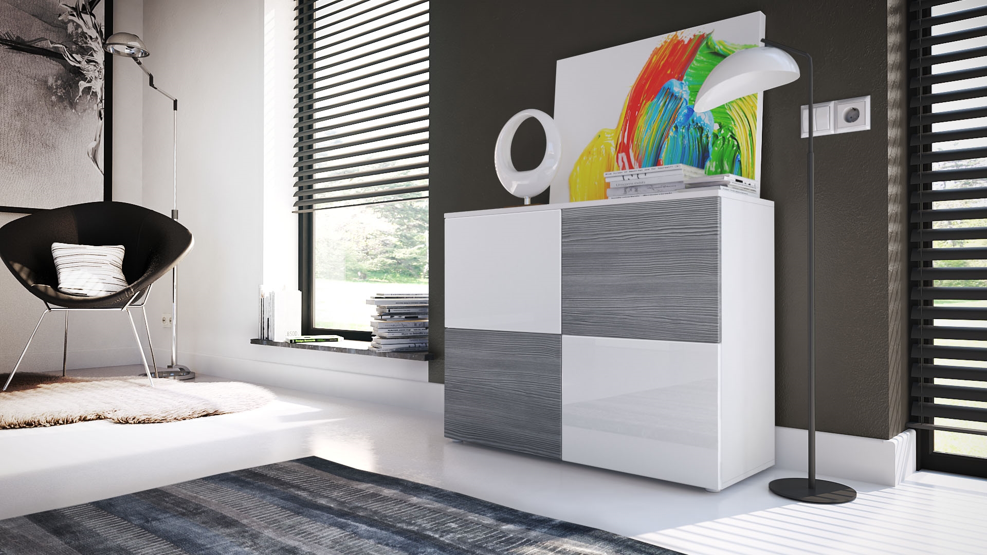 Kommode Rova mit 4 Türen Weiß matt/Weiß Hochglanz/Avola Anthrazit (92 x 72 x 35 cm)