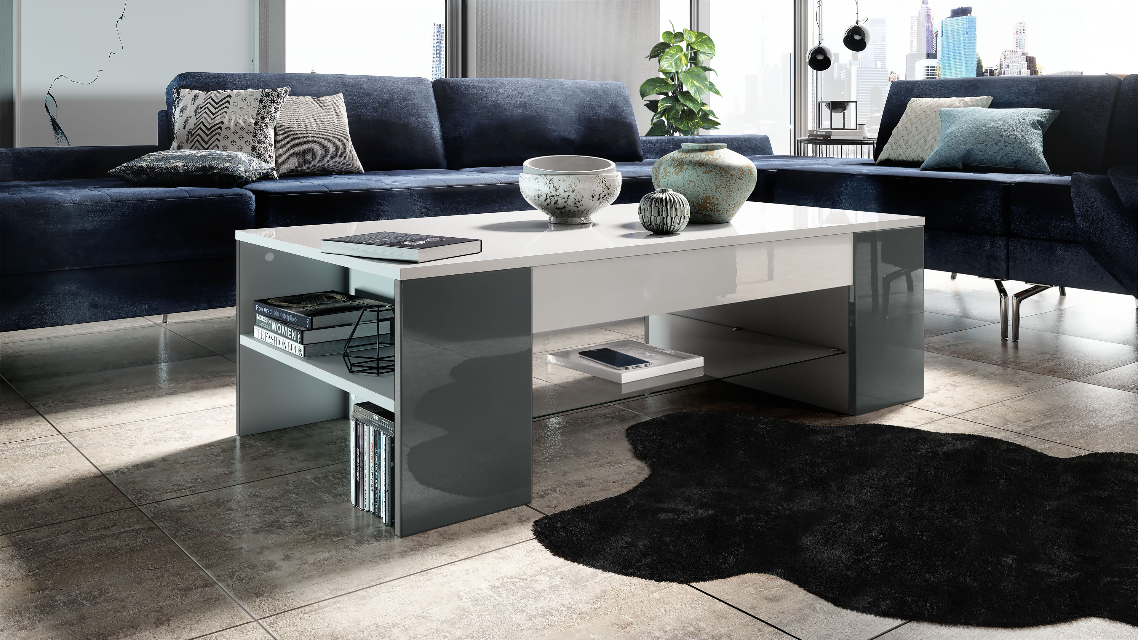 Tisch Clip  mit 2 Seitenfächern und 1 Glasplatte,  Weiß matt/ Grau Hochglanz (118 x 37 x 60 cm)