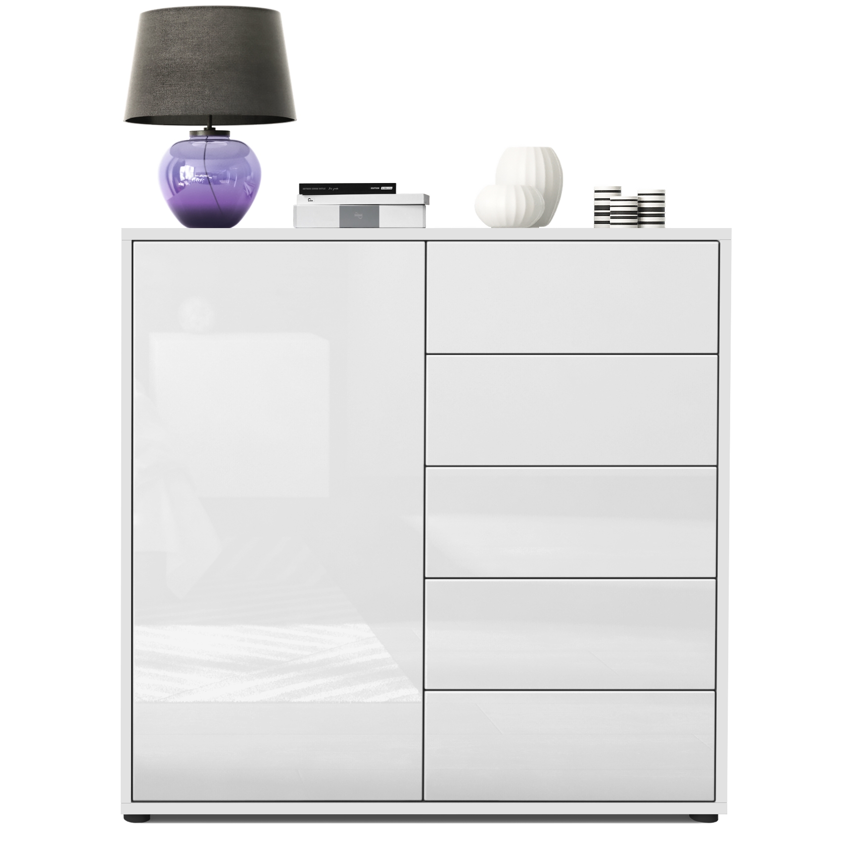 Kommode Ben V2  mit 1 Tür und 5 Schubladen Weiß matt/Weiß Hochglanz (79 x 74 x 36 cm)