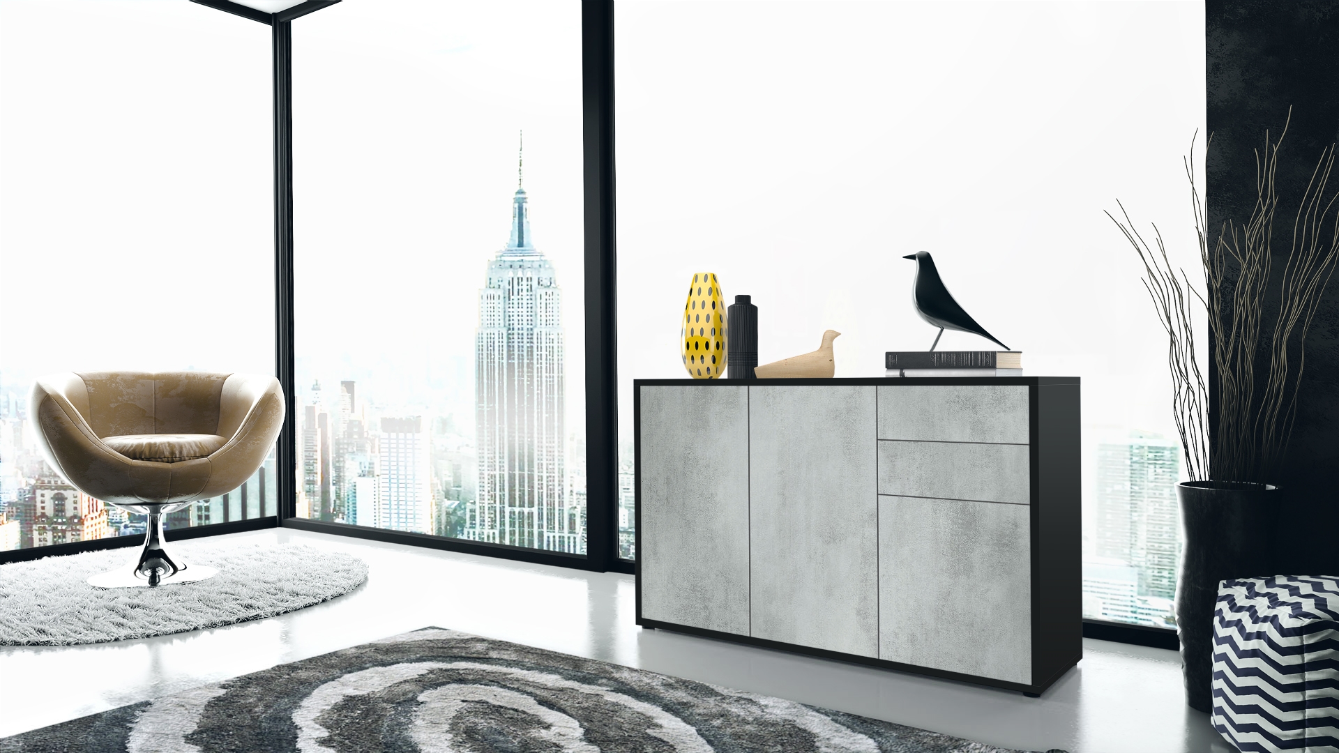 Kommode Ben V3  mit 3 Türen und 2 Schubladen Schwarz matt/Beton Oxid-Optik (117 x 74 x 36 cm)
