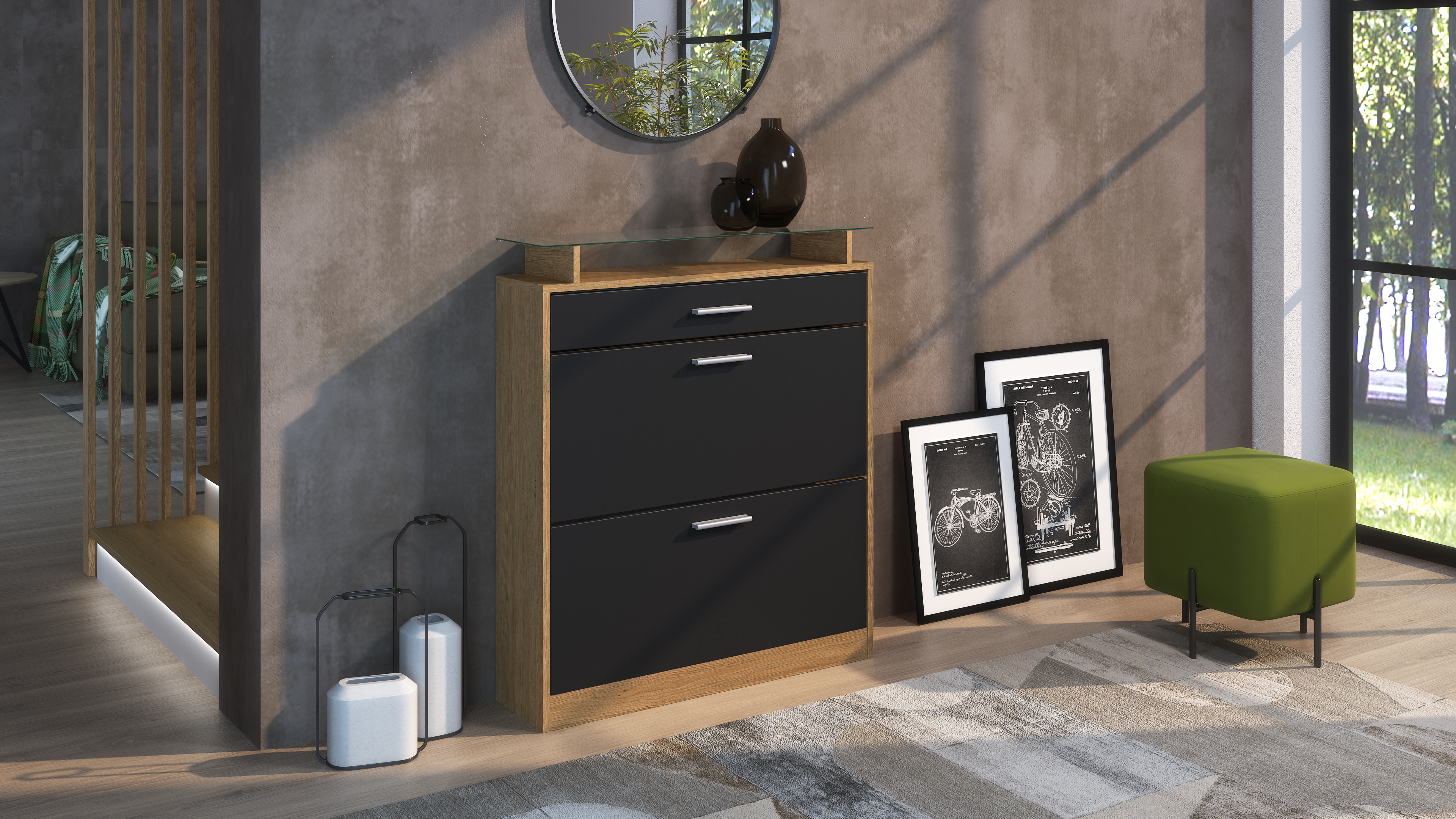 Schuhschrank Loret mit 1 Schublade und Glasablage Schuhregal in Eiche Skandi / Schwarz matt (89 x 104 x 23 cm)