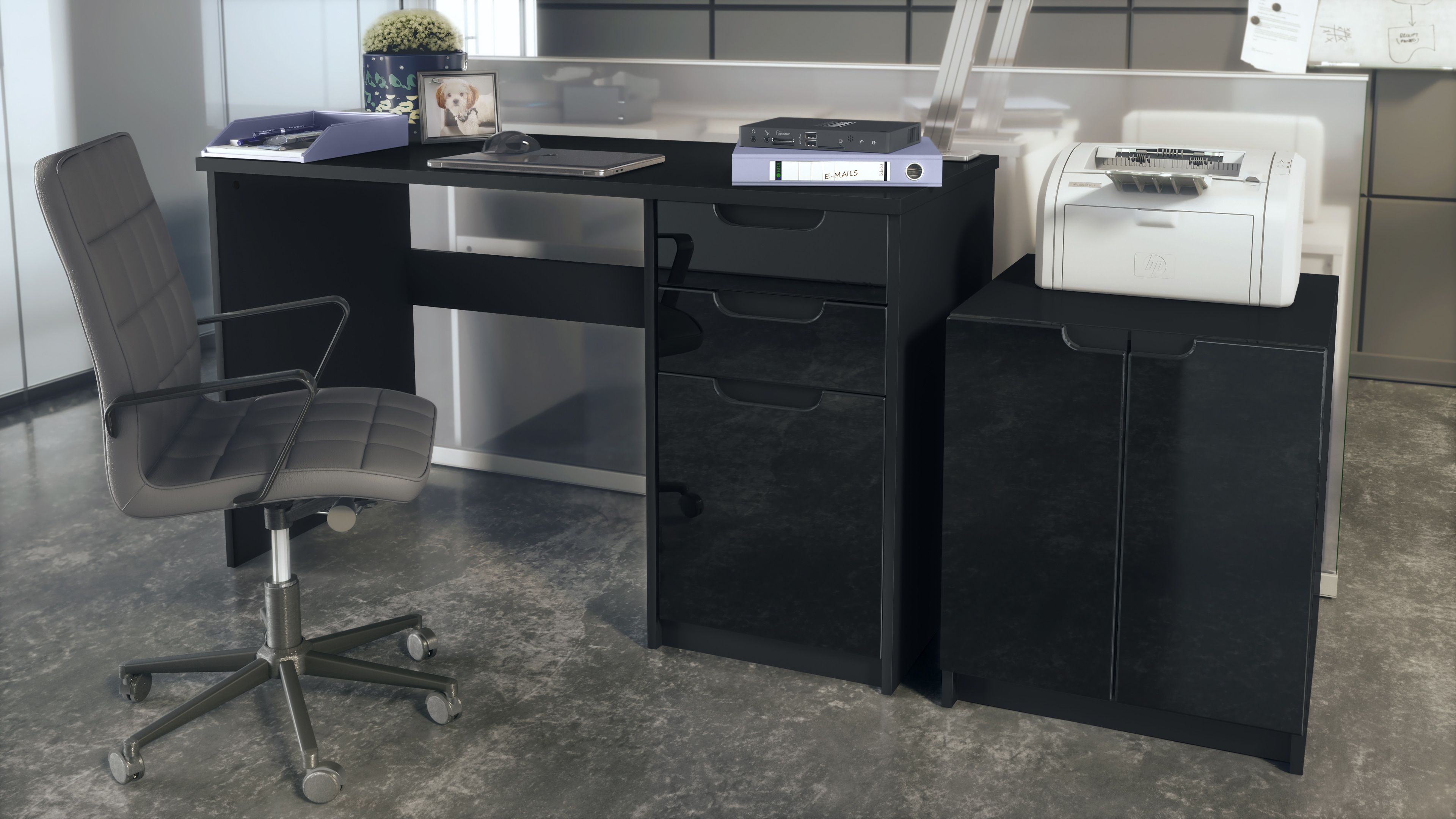 Büromöbel-Set Paris Schwarz mit 1 Schreibtisch und 1 Druckerkommode Schwarz matt / Schwarz Hochglanz
