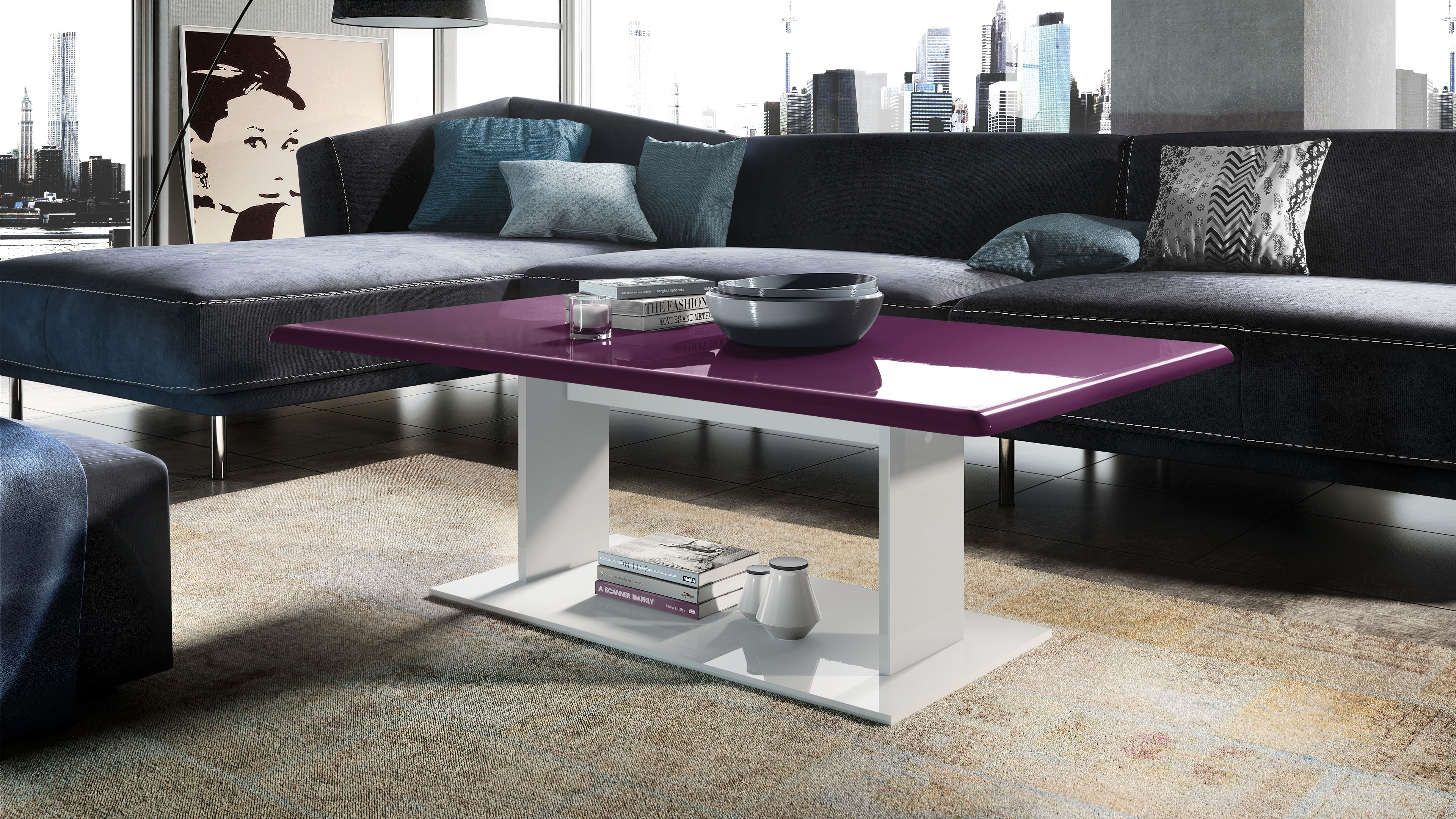 Tisch Mono  mit Ablageboden Weiß matt/Brombeer Hochglanz (120 x 40 x 70)