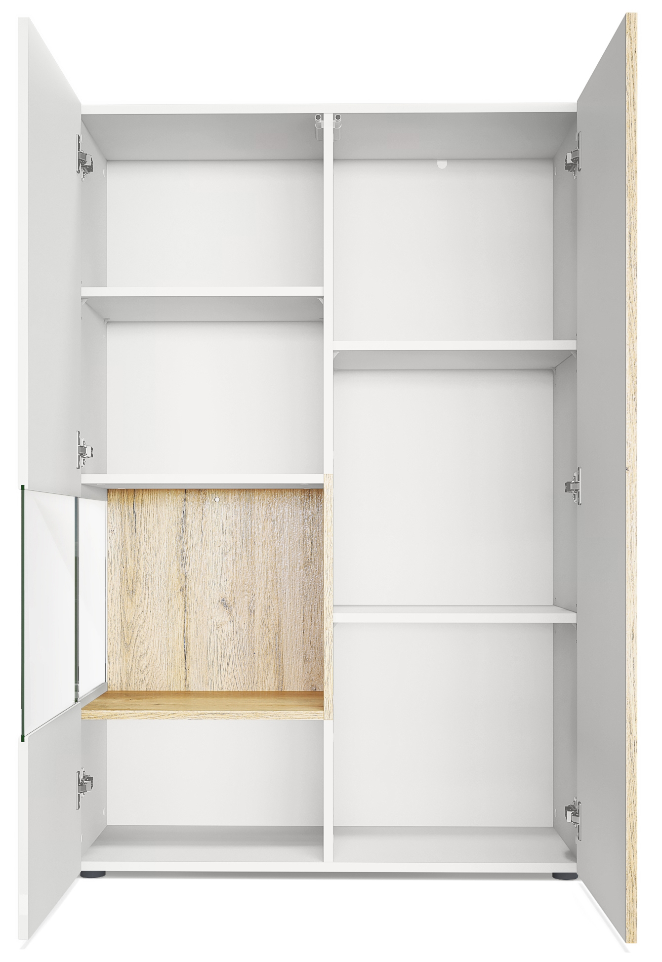 Vitrine Morena V2 mit 2 Türen und Glaseinsatz Weiß matt/Weiß Hochglanz/Eiche Natur (91,5 x 136,5 x 37 cm)