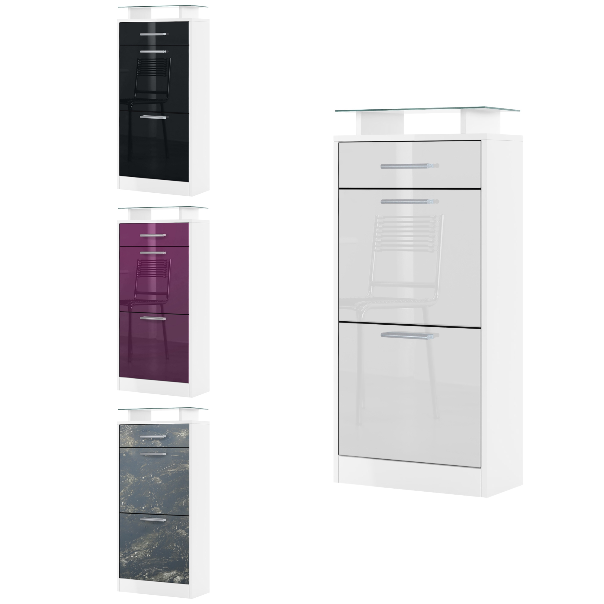 Schuhschrank Loret V2 mit 2 Klappen, 1 Schublade und Glasablage Weiß matt/Schwarz matt (46 x 104 x 23 cm)