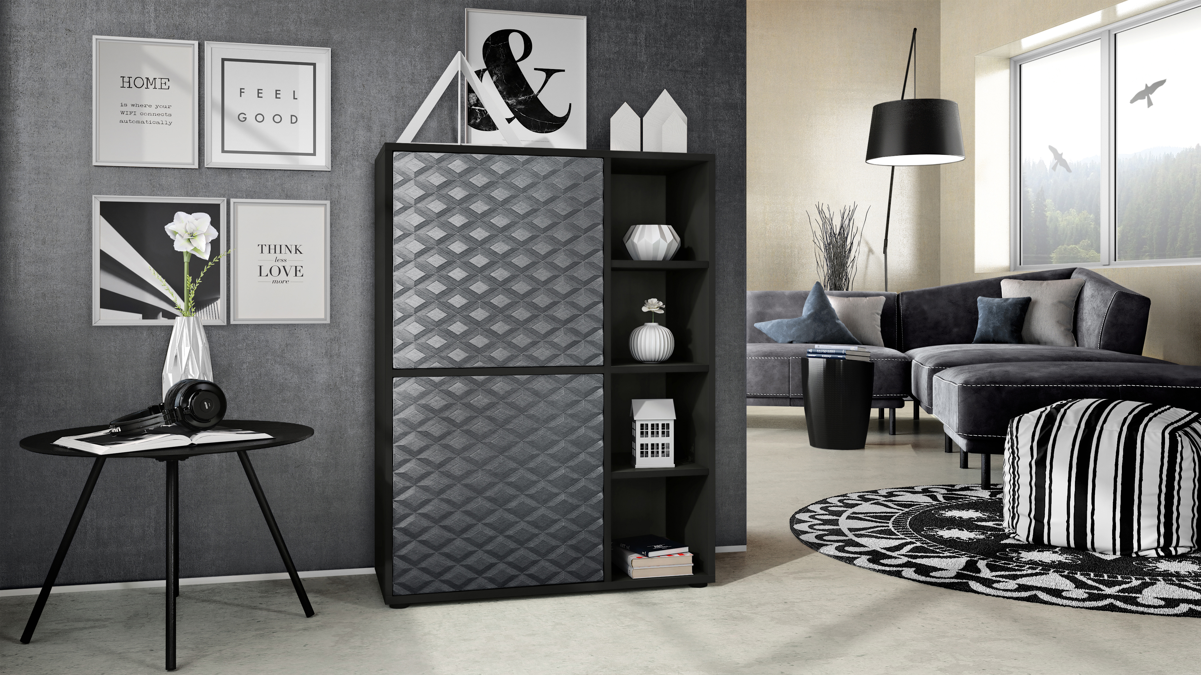 Highboard Cuba mit 2 Türen und 4 offene Fächer Schwarz matt/Stahlgrau 3D Struktur (79 x 105,5 x 35,5 cm)
