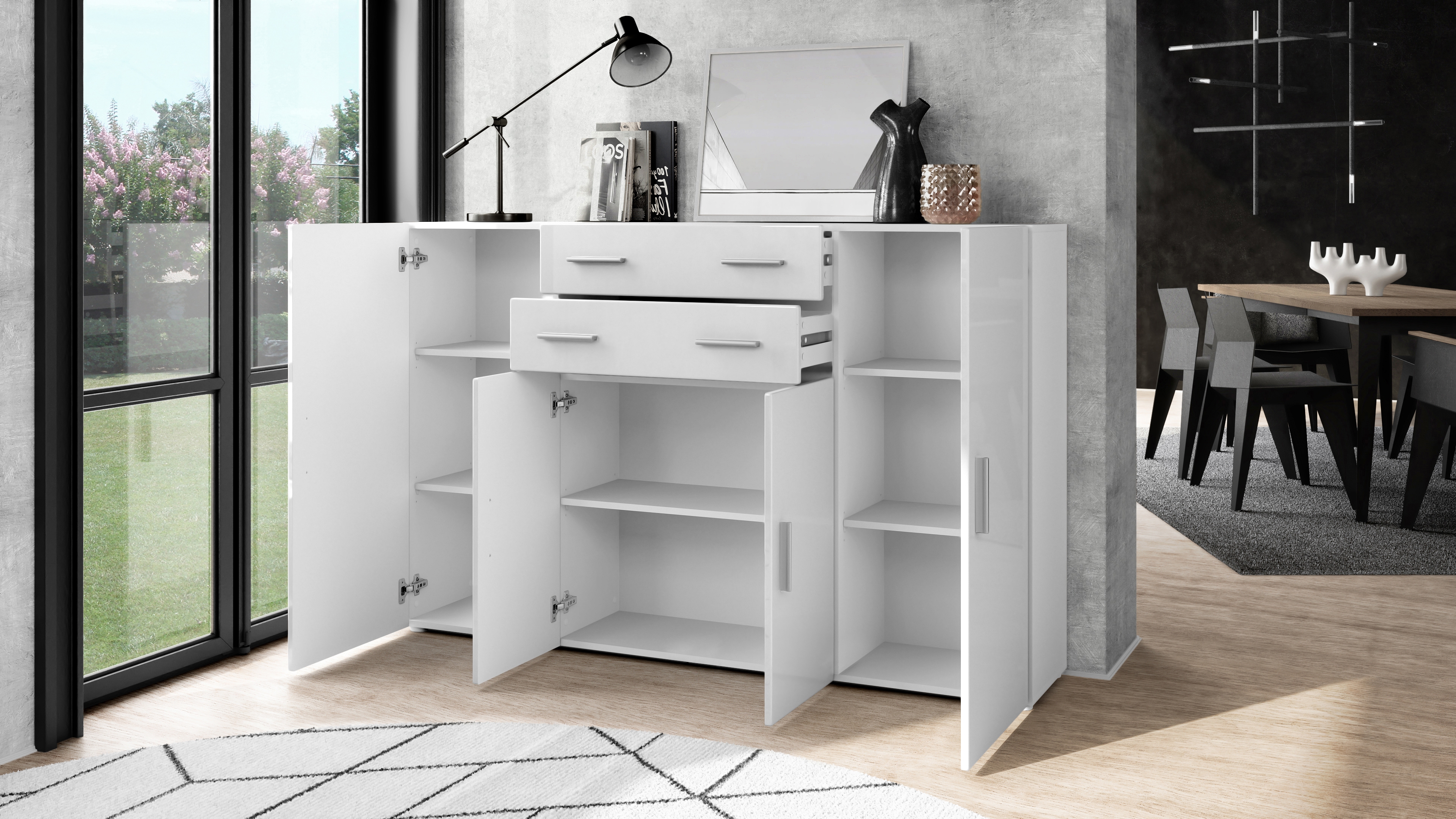 Highboard Aron  mit 4 Türen und 2 Schubladen Weiß matt/Schwarz matt (166,5 x 106,5 x 35 cm)