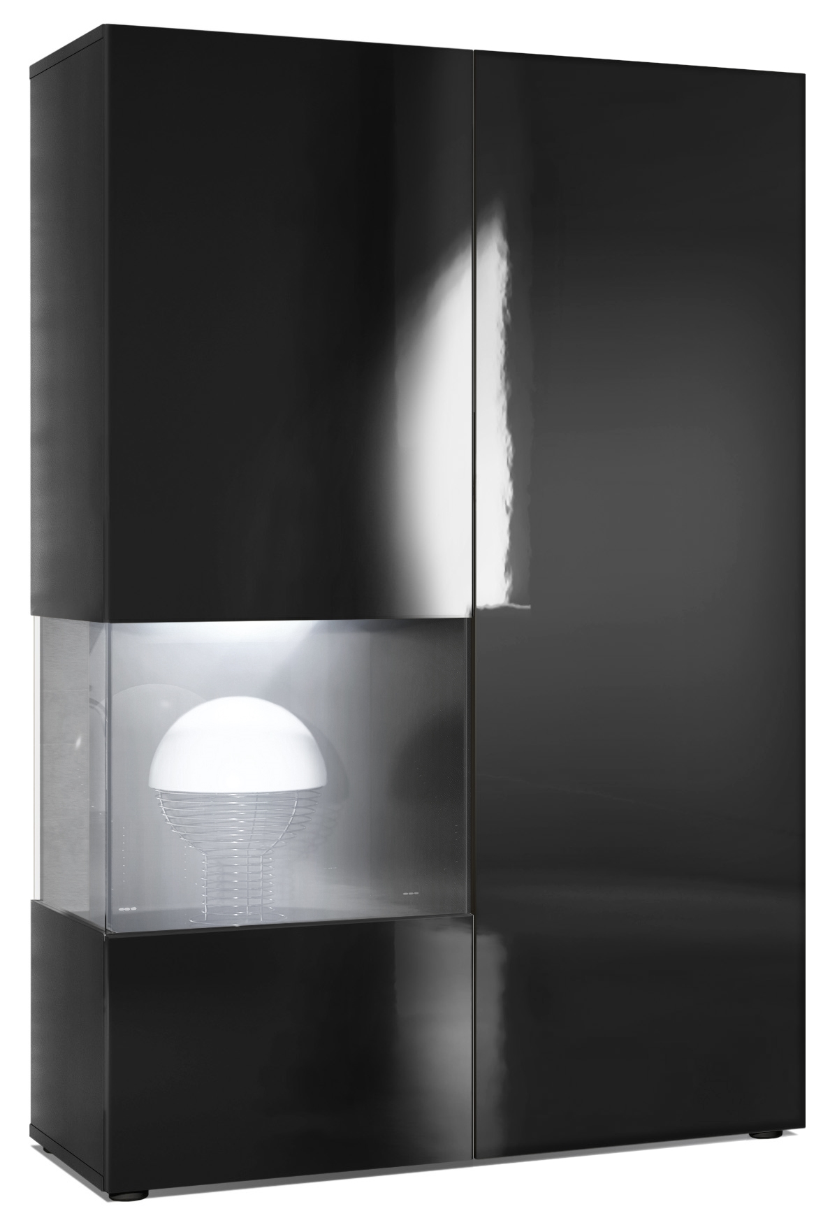 Vitrine Morena  mit 2 Türen dahinter ingesamt 7 Fächer Schwarz matt/Schwarz Hochglanz inkl. LED-Beleuchtung (92x135x37 cm)