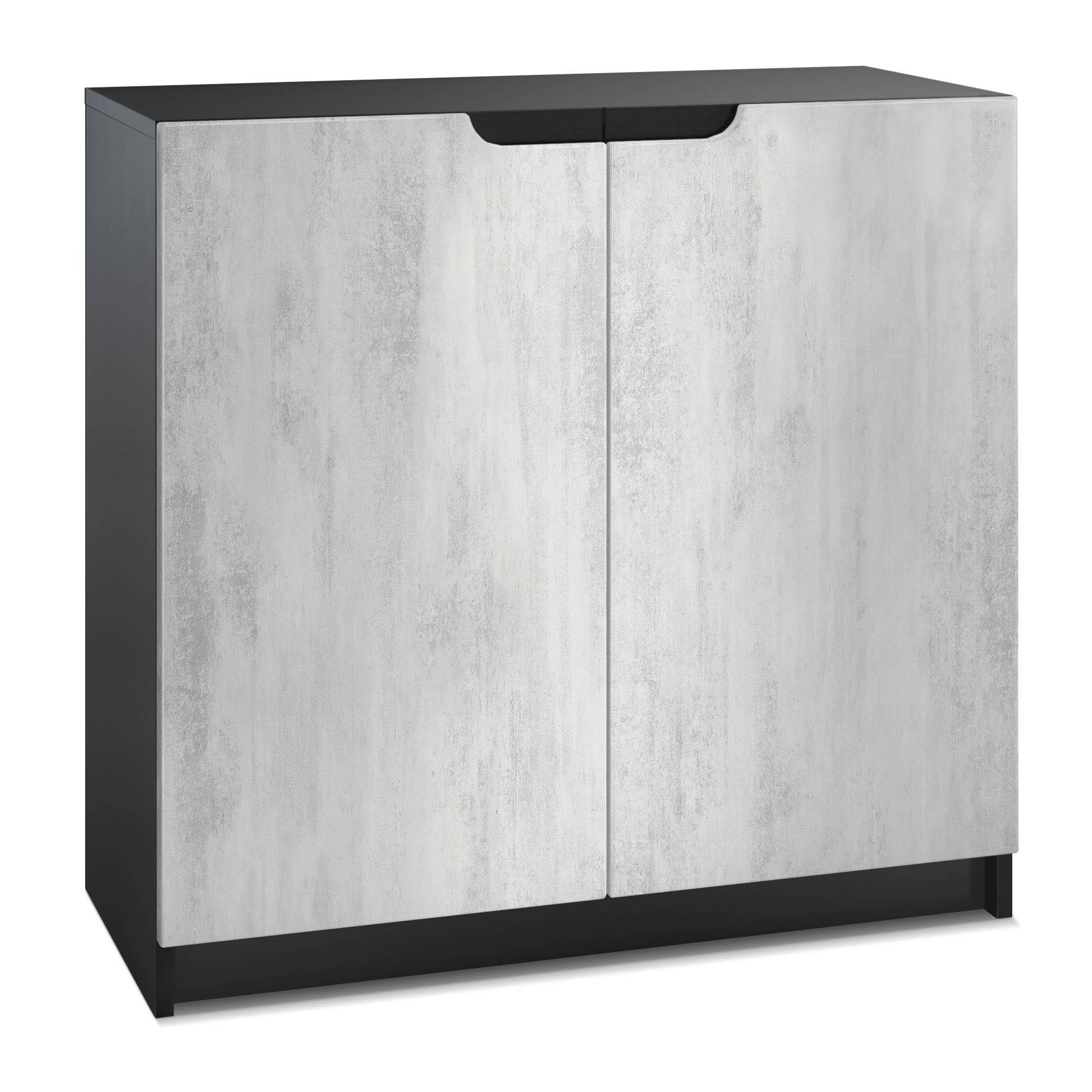 Kommode Logan mit 2 Türen Schwarz matt/Beton Oxid Optik (82 x 78 x 37 cm)