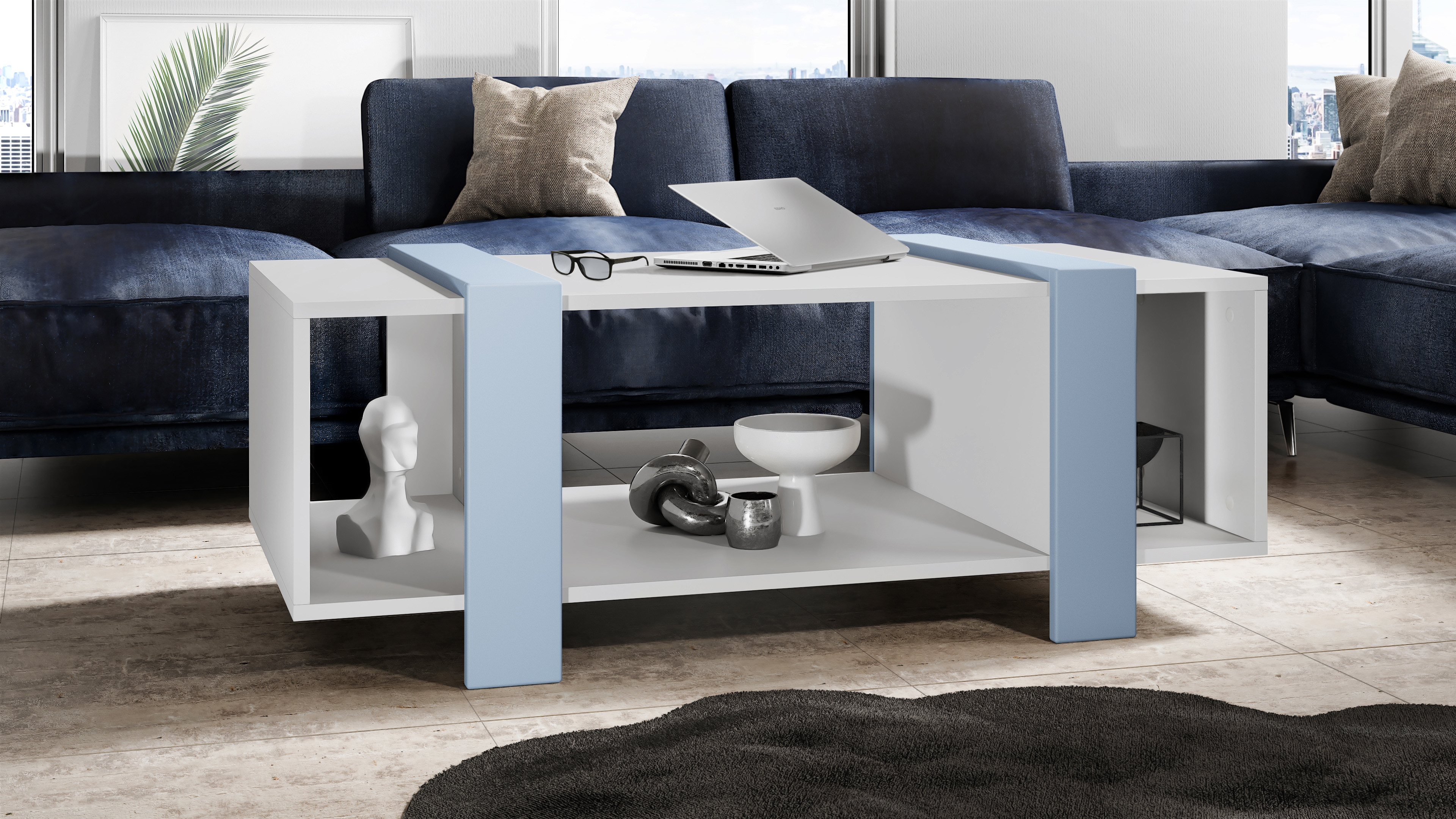 Couchtisch Ida  mit drei Fächern Weiß matt/Denim matt (110,5 x 42 x 56,5 cm)