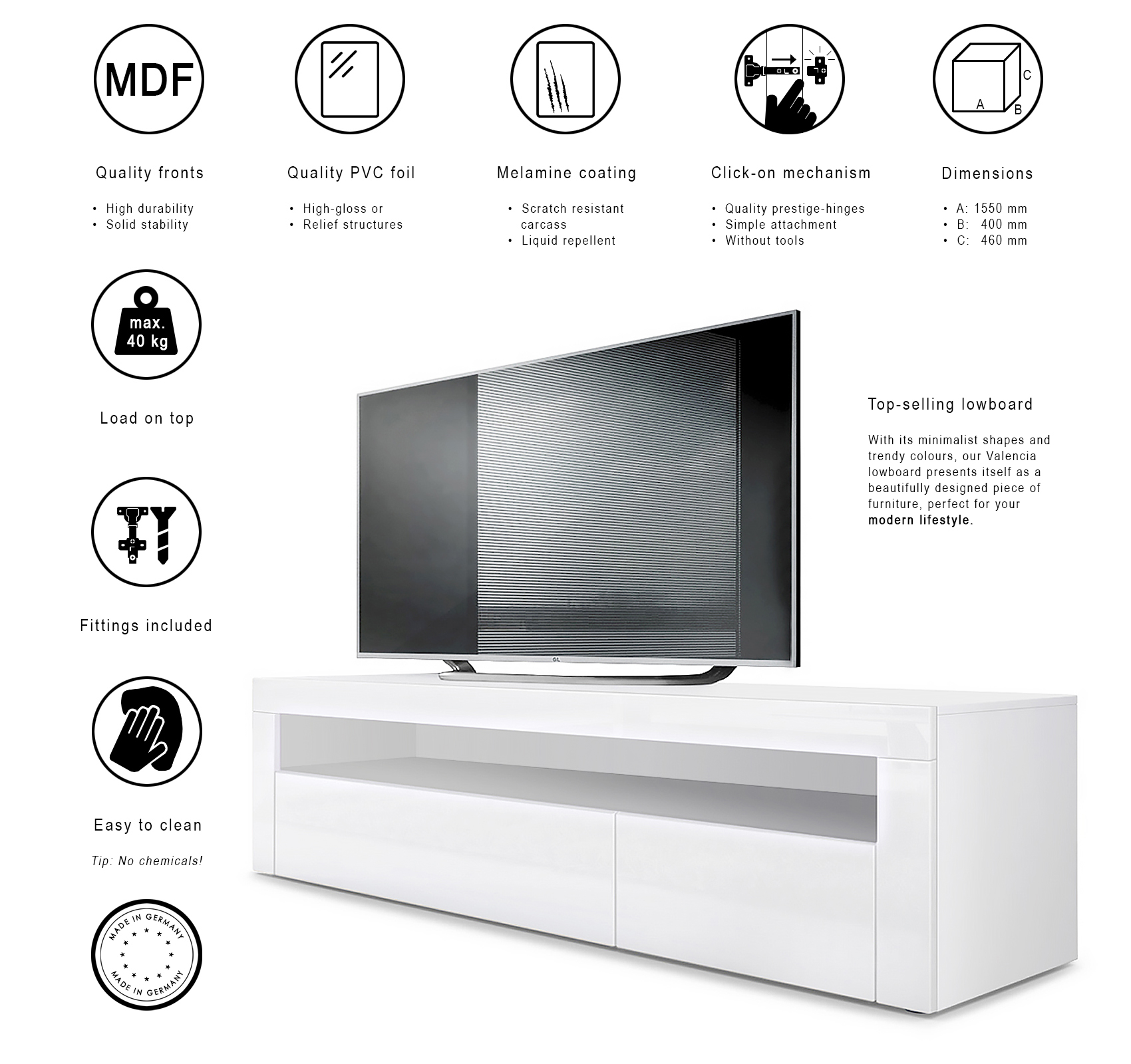 Wohnzimmer-Set Berlin bestehend aus 1 TV Board und 1 Couchtisch Weiß matt/Eiche Natur