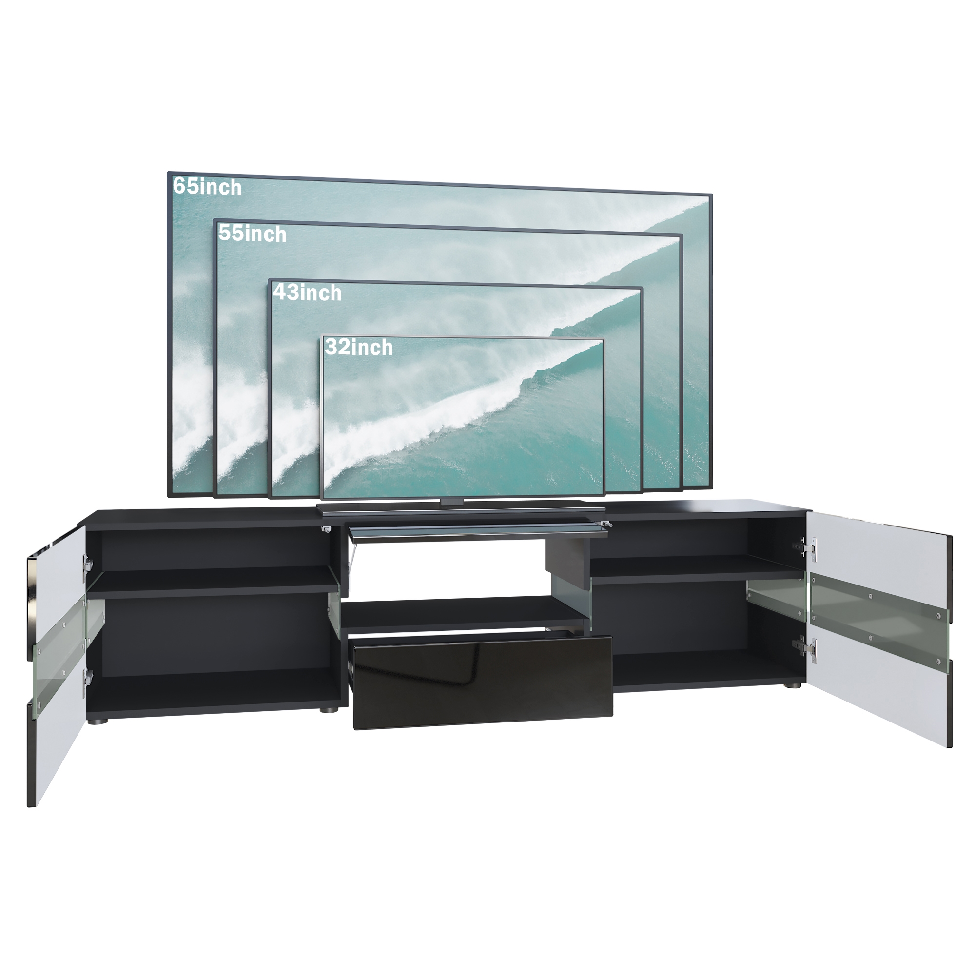 Lowboard Flow mit 2 Türen, 1 Schublade und 1 Klappe Schwarz matt/Schwarz Hochglanz, inkl. LED-Beleuchtung (177x45x39 cm)