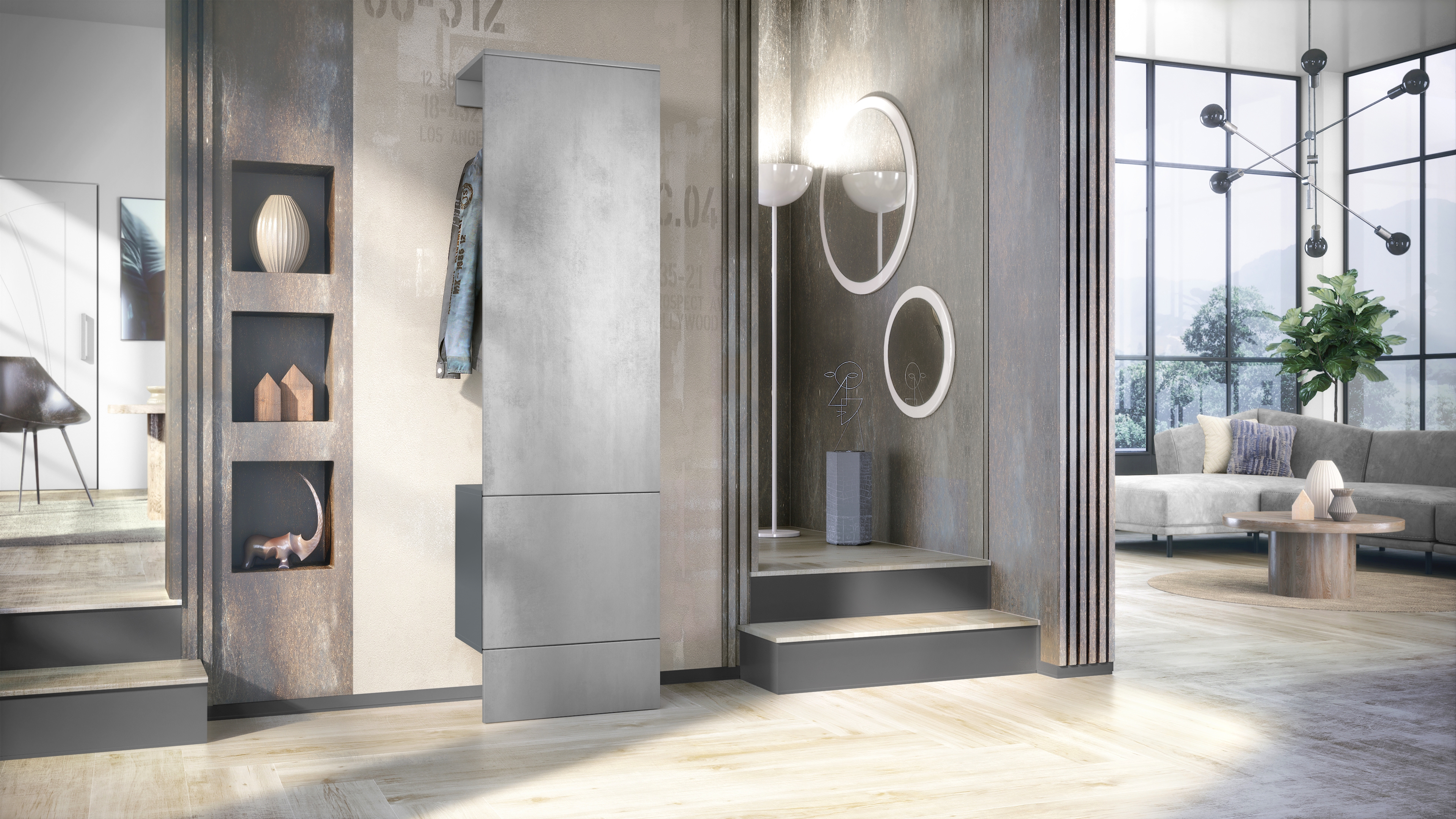 Garderobe Carlton Set 5 Anthrazit 1-tlg. mit integrierter Tür und 1 Kleiderstange Anthrazit matt/Beton Oxid Optik (52 x 193 x 35 cm)