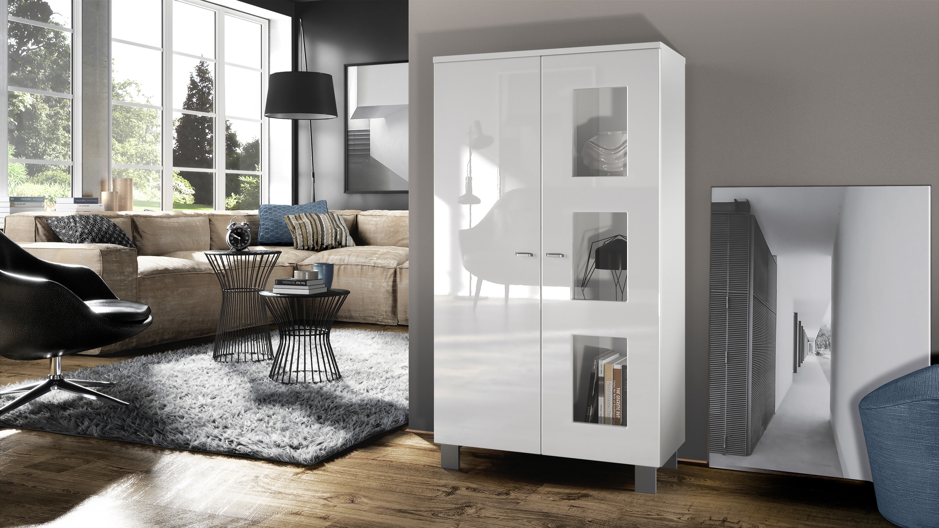 Vitrine Denjo  mit 2 Türen und 3 Glaseinsätzen Weiß matt/ Weiß Hochglanz (71 x 129 x 35 cm)