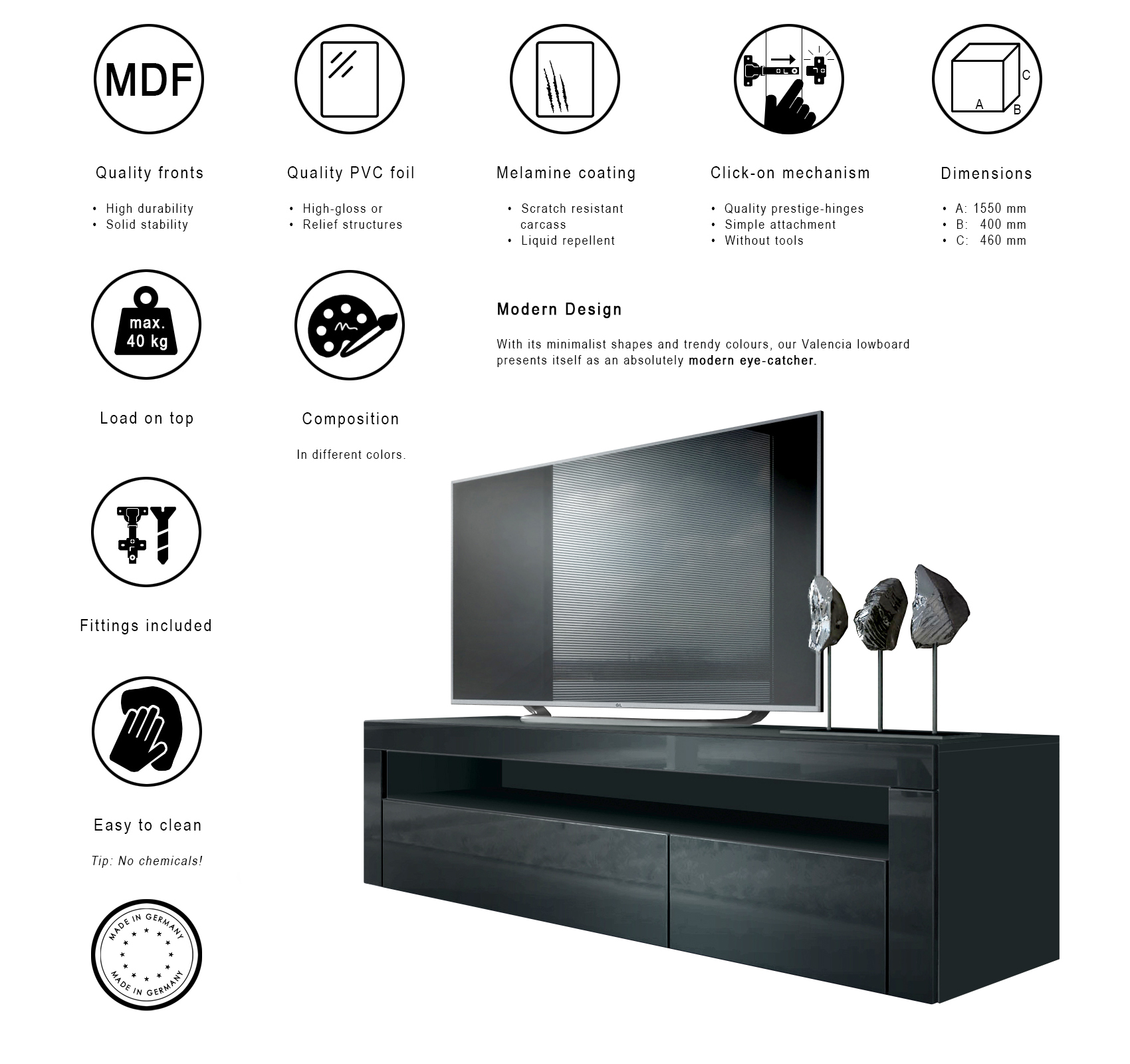 Wohnzimmer-Set Berlin bestehend aus 1 TV Board und 1 Couchtisch Schwarz matt/Beton Oxid Optik