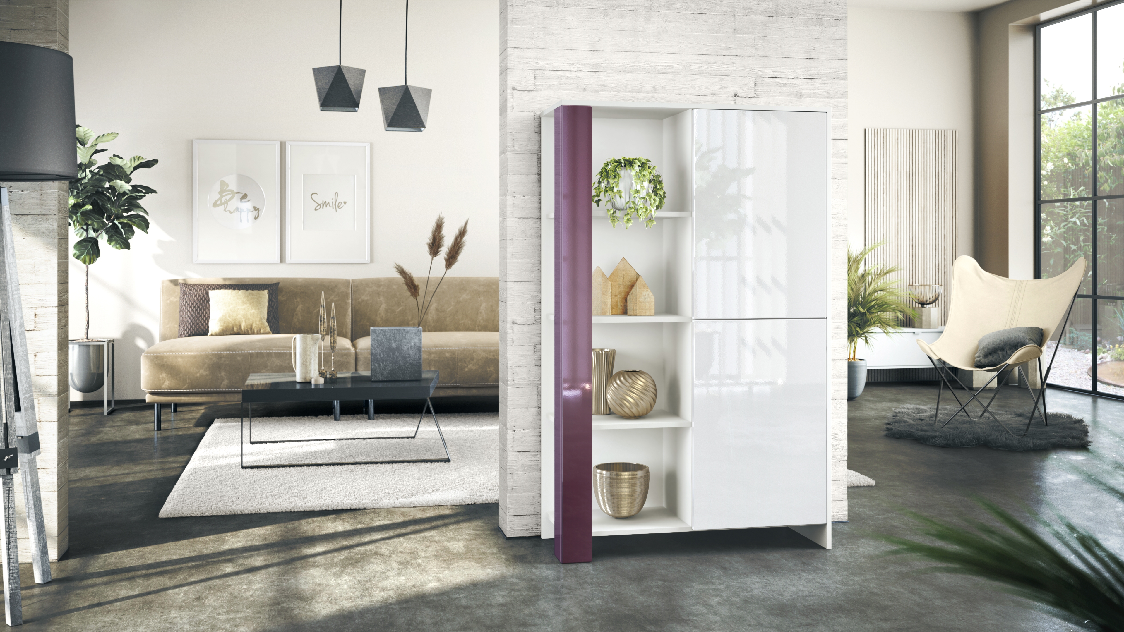 Highboard Canto mit 2 Türen und 8 Fächern Weiß matt, Weiß Hochglanz, Brombeer Hochglanz