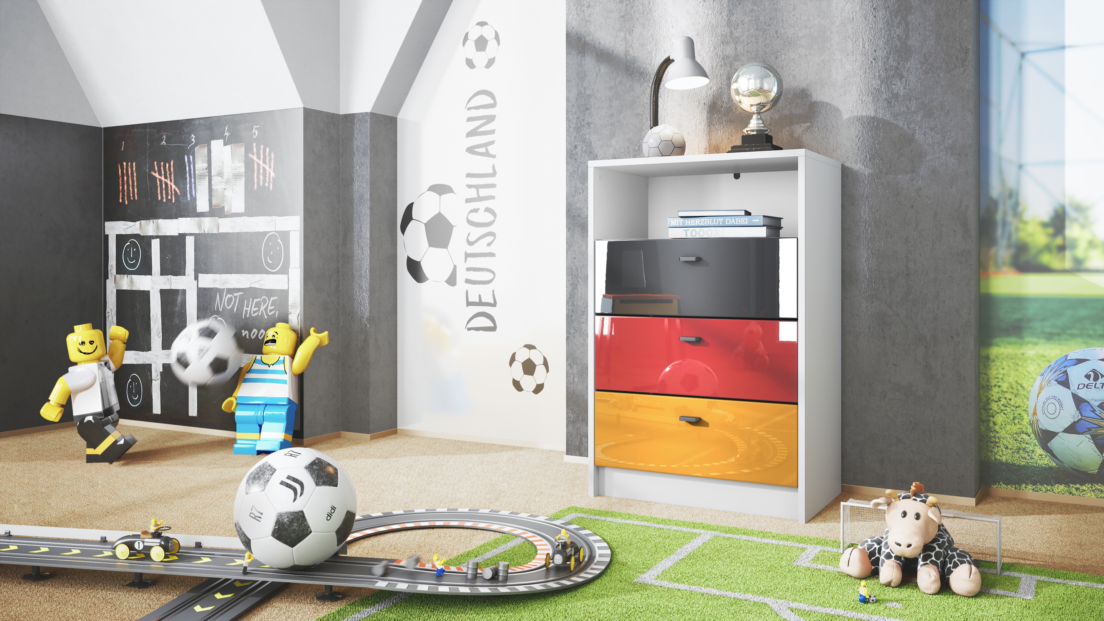 Pino V2 Kommode Fußball mit 3 Schubladen Fußball Deutschland - Schwarz, Rot & Gold Hochglanz (56x86,5x36 cm)