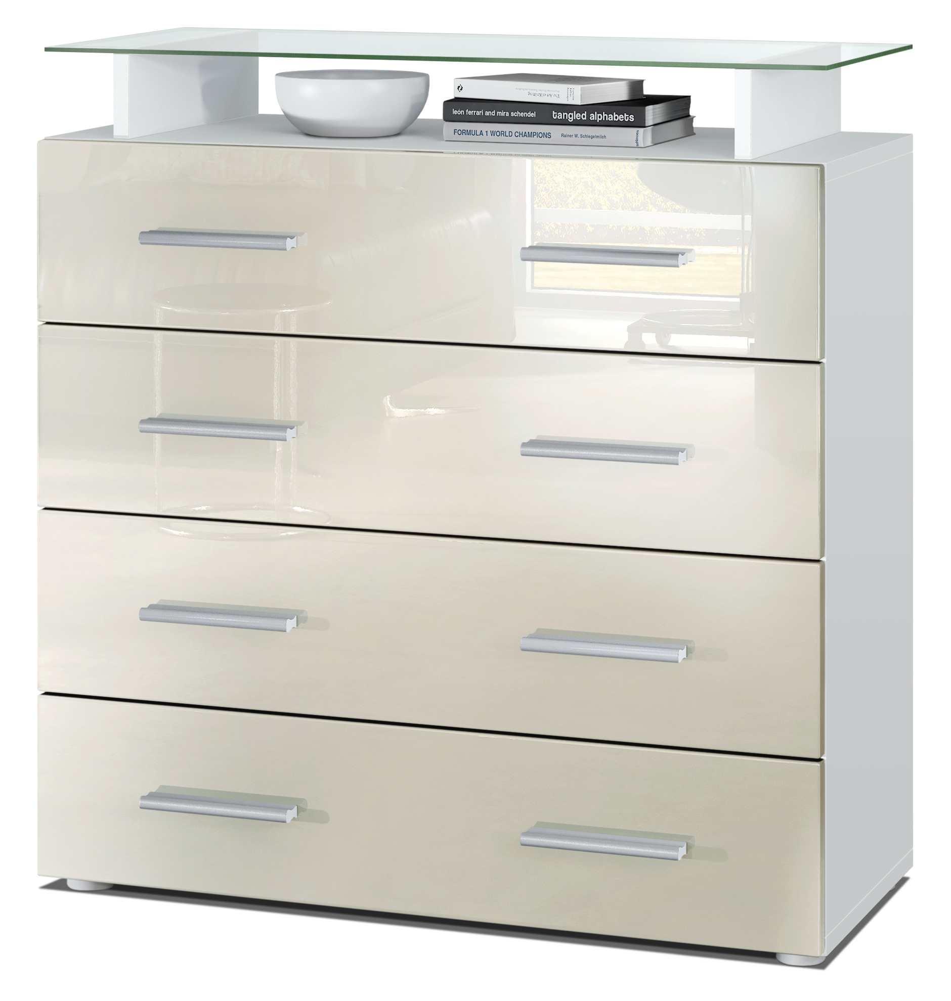 Kommode Pavos V2 mit 4 Schubladen und Glasablage Weiß matt/Creme Hochglanz (76 x 81 x 35 cm)