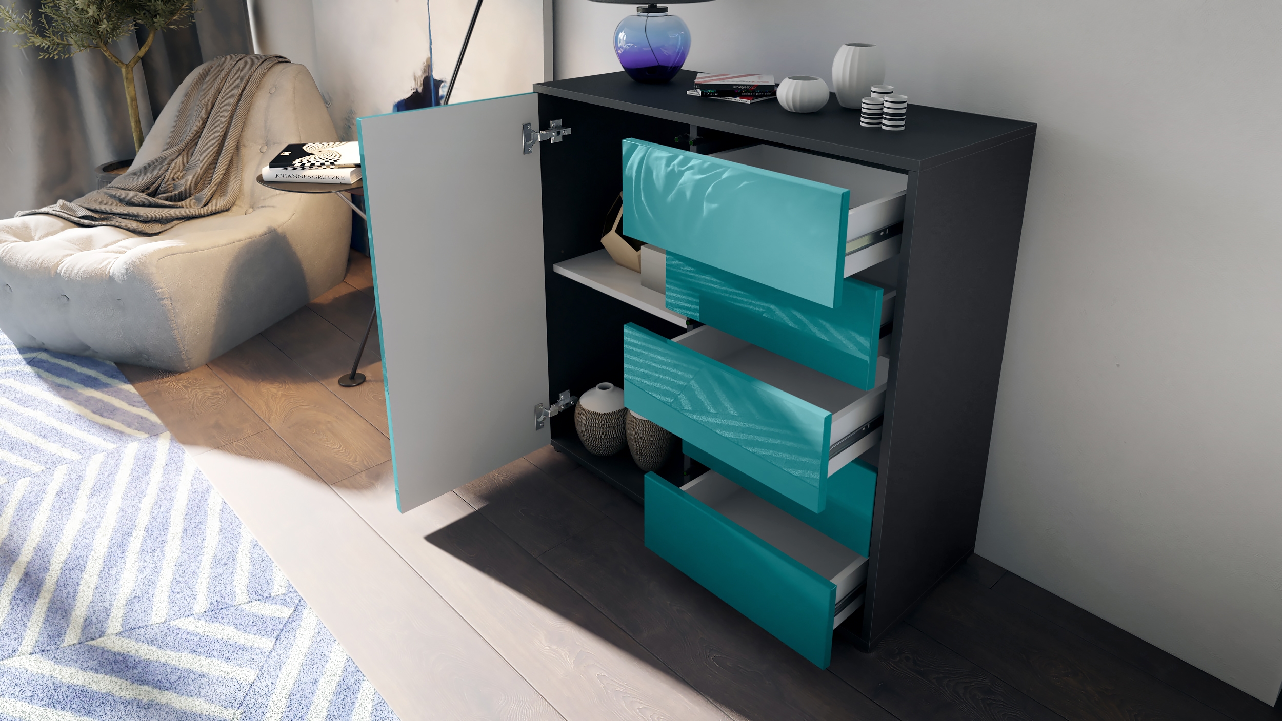 Kommode Ben V2  mit 1 Tür und 5 Schubladen Schwarz matt/Schwarz matt (79 x 74 x 36 cm)