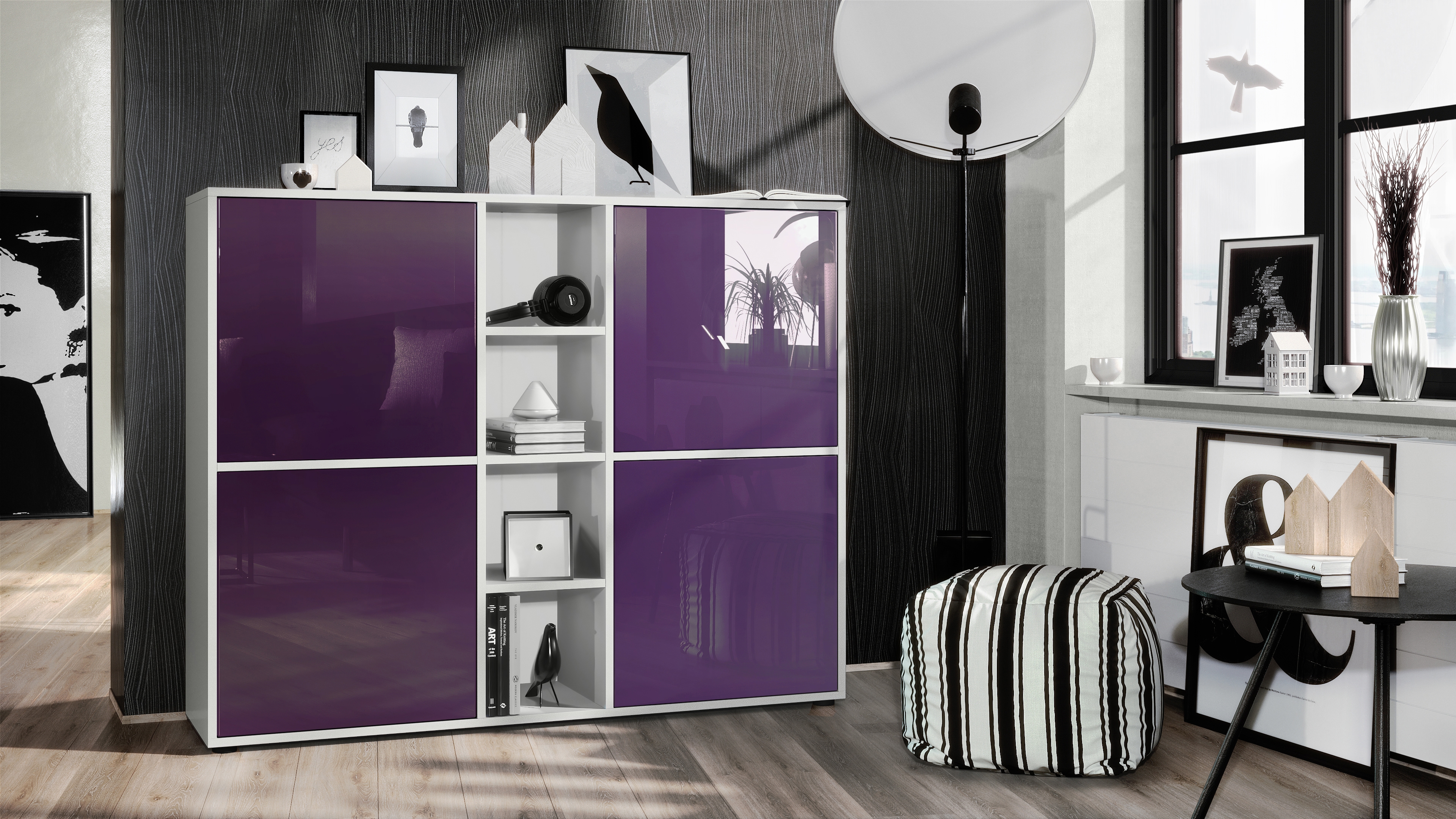Highboard Cuba V3  Schrank Anrichte Cuba V3 mit 12 Fächern Korpus in Weiß matt / in Brombeer glänzend (130,5x105,5x35,5 cm)
