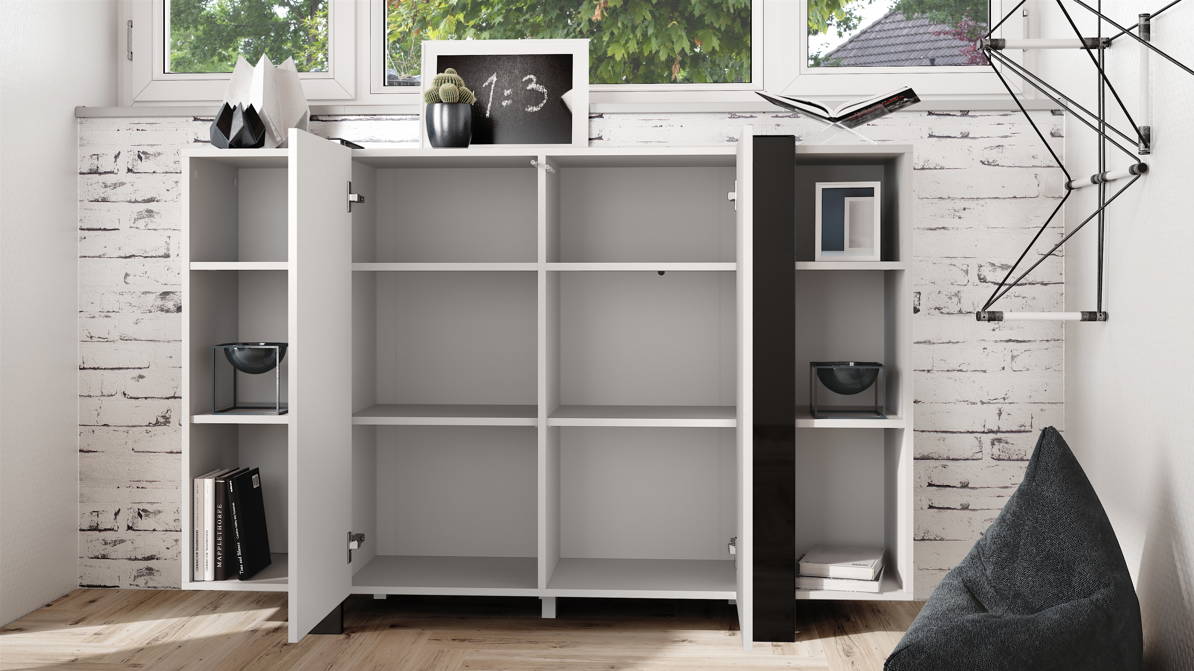 Highboard Ida V2 Weiß mit 2 Türen und 6 offene Fächer Weiß matt/Brombeer Hochglanz (149 x 101 x 34 cm)