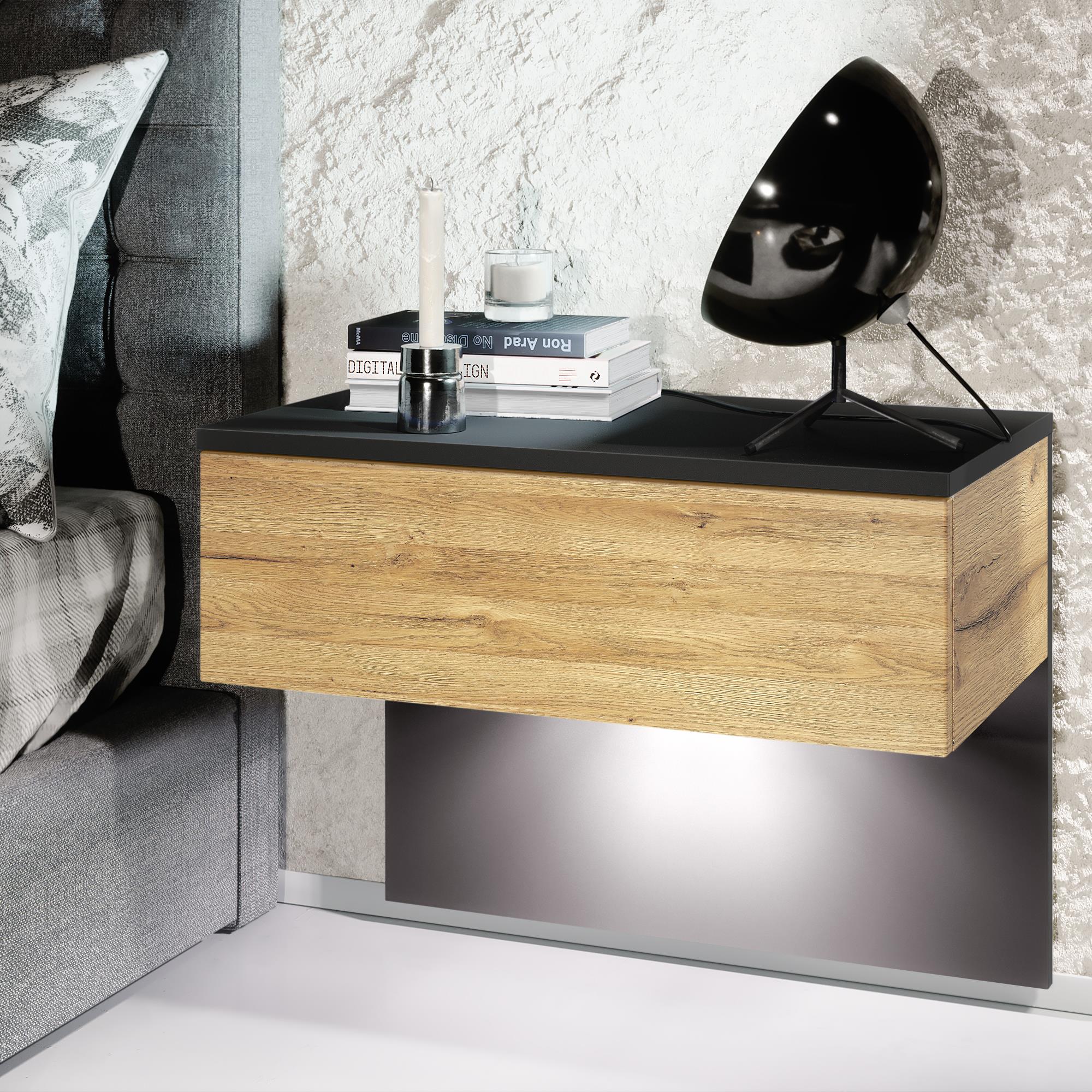 Nachttisch Sleep  mit Schublade zur Wandmontage Schwarz matt/Eiche Natur, inkl. LED-Beleuchtung (60 x 46 x 35 cm)