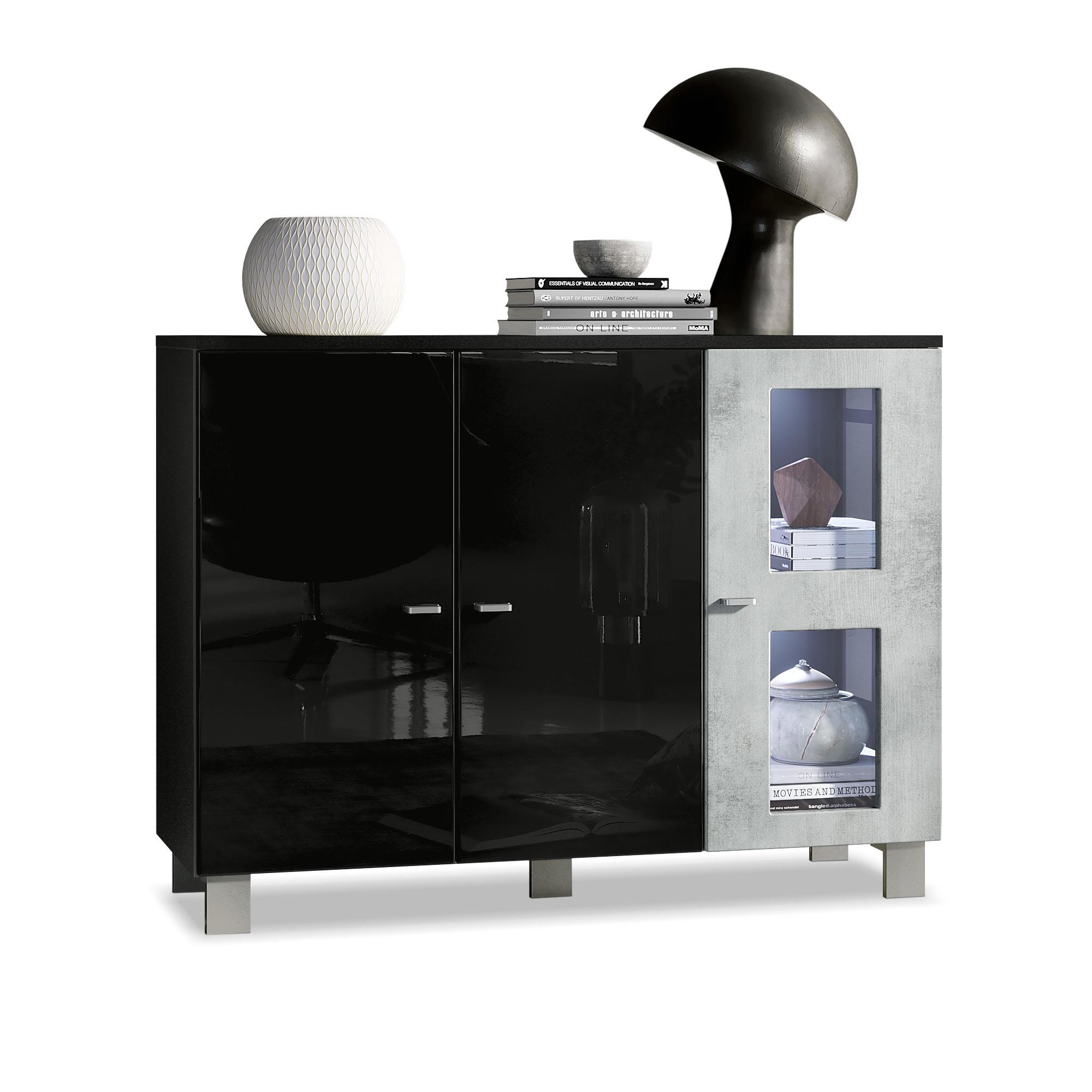 Sideboard Denjo  mit 3 Türen Schwarz matt&glänzend/Beton Oxid Optik mit Beleuchtung (107x81x35 cm)