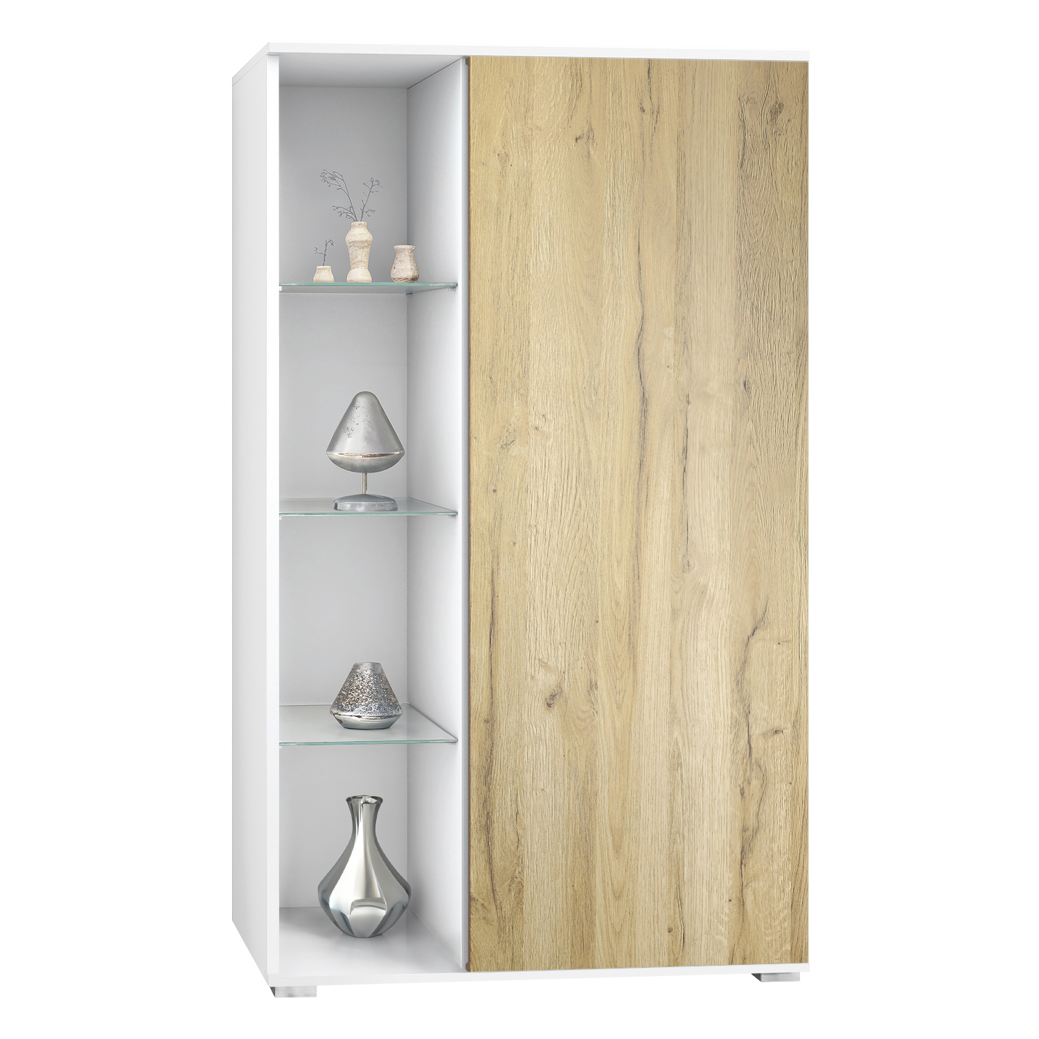 Vitrine Davos mit 3 Glasböden und 8 Fächer Weiß matt/Eiche Natur (71,5 x 134 x 35 cm)