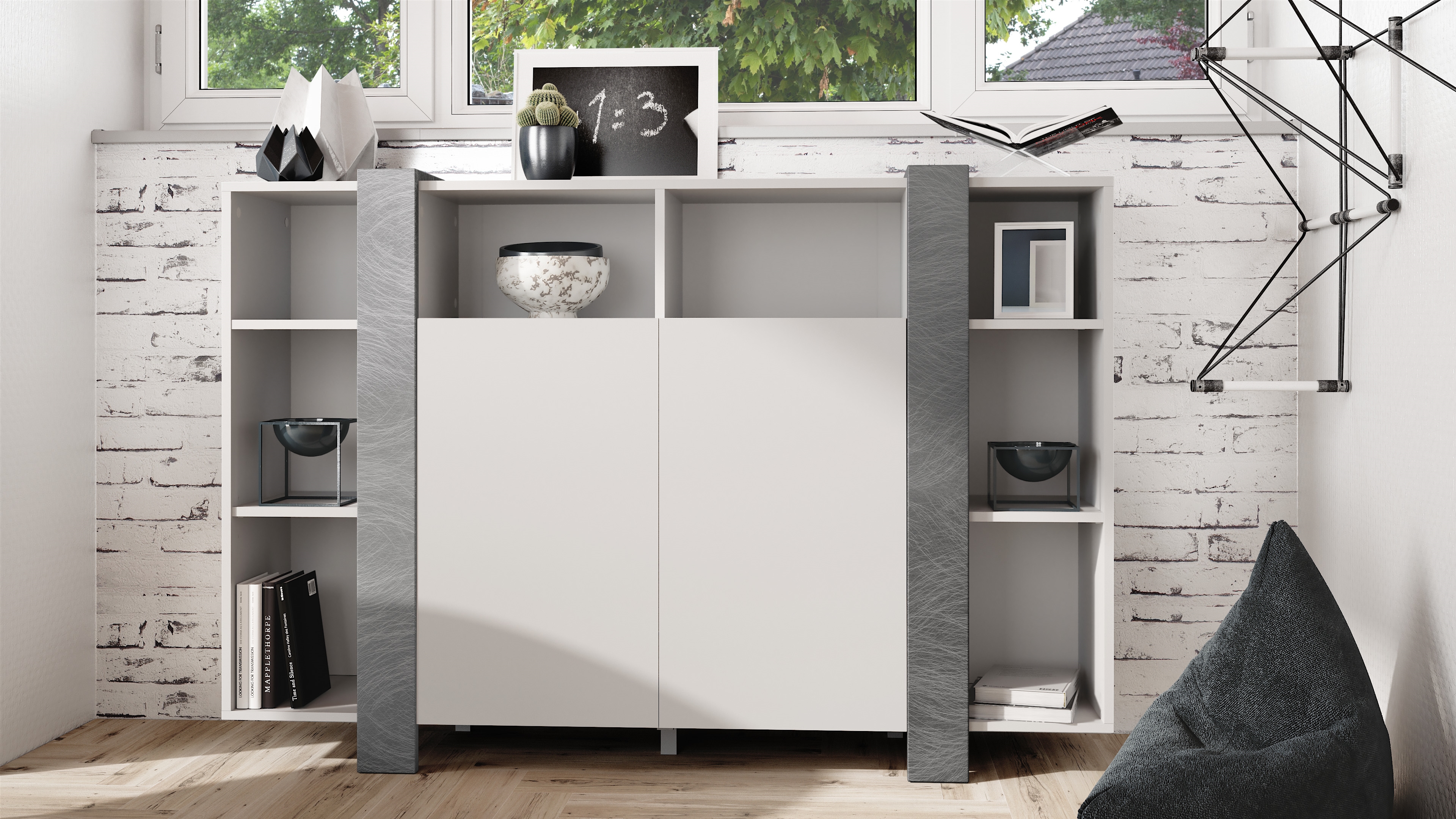 Highboard Ida V1 Weiß mit 2 Türen und 8 offene Fächer Weiß matt/Scratchy Metal (149 x 101 x 34 cm)
