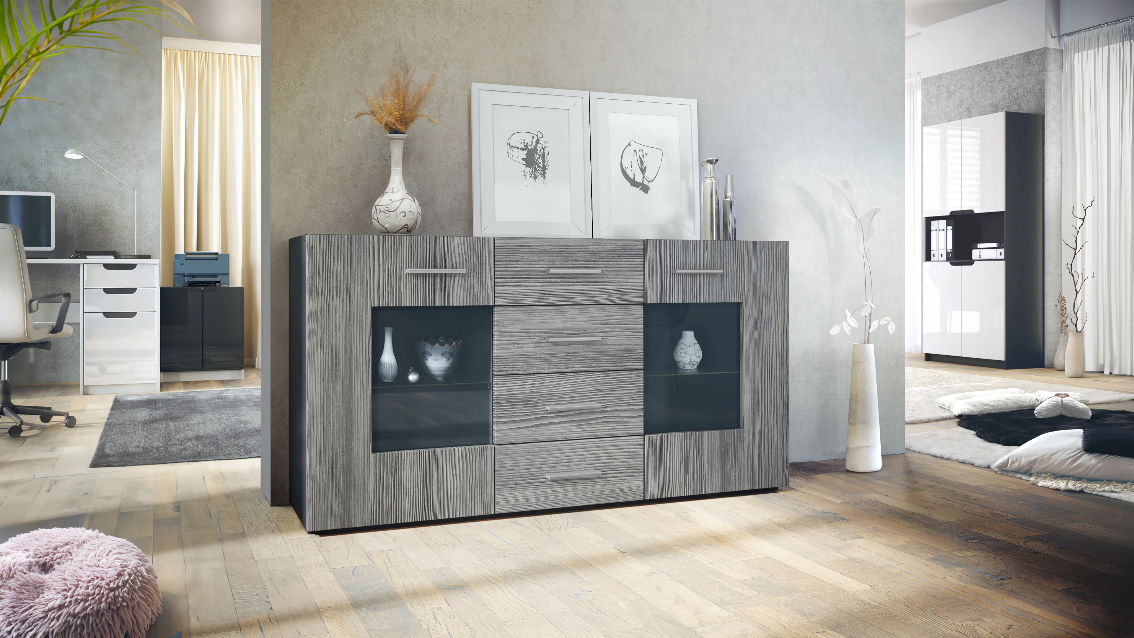 Sideboard Grömitz V1 4 Schubladen und 2 flexible Glaseinlegeböden Schwarz matt/Avola-Anthrazit (139 x 72 x 35)