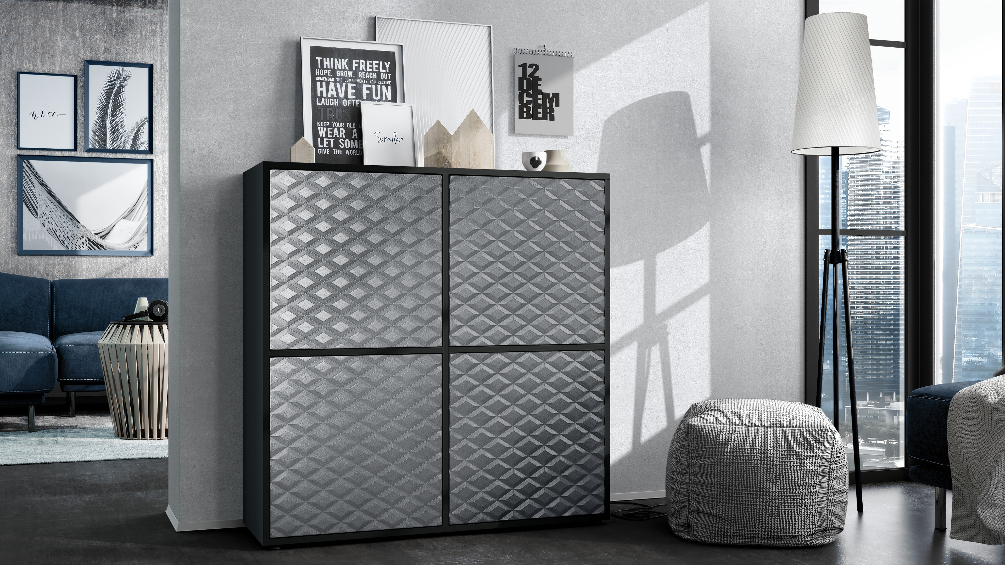 Highboard Cuba V2 mit 2 Türen, dahinter 8 Fächer Schwarz matt/Stahlgrau 3D Struktur (104 x 105,5 x 35,5 cm)