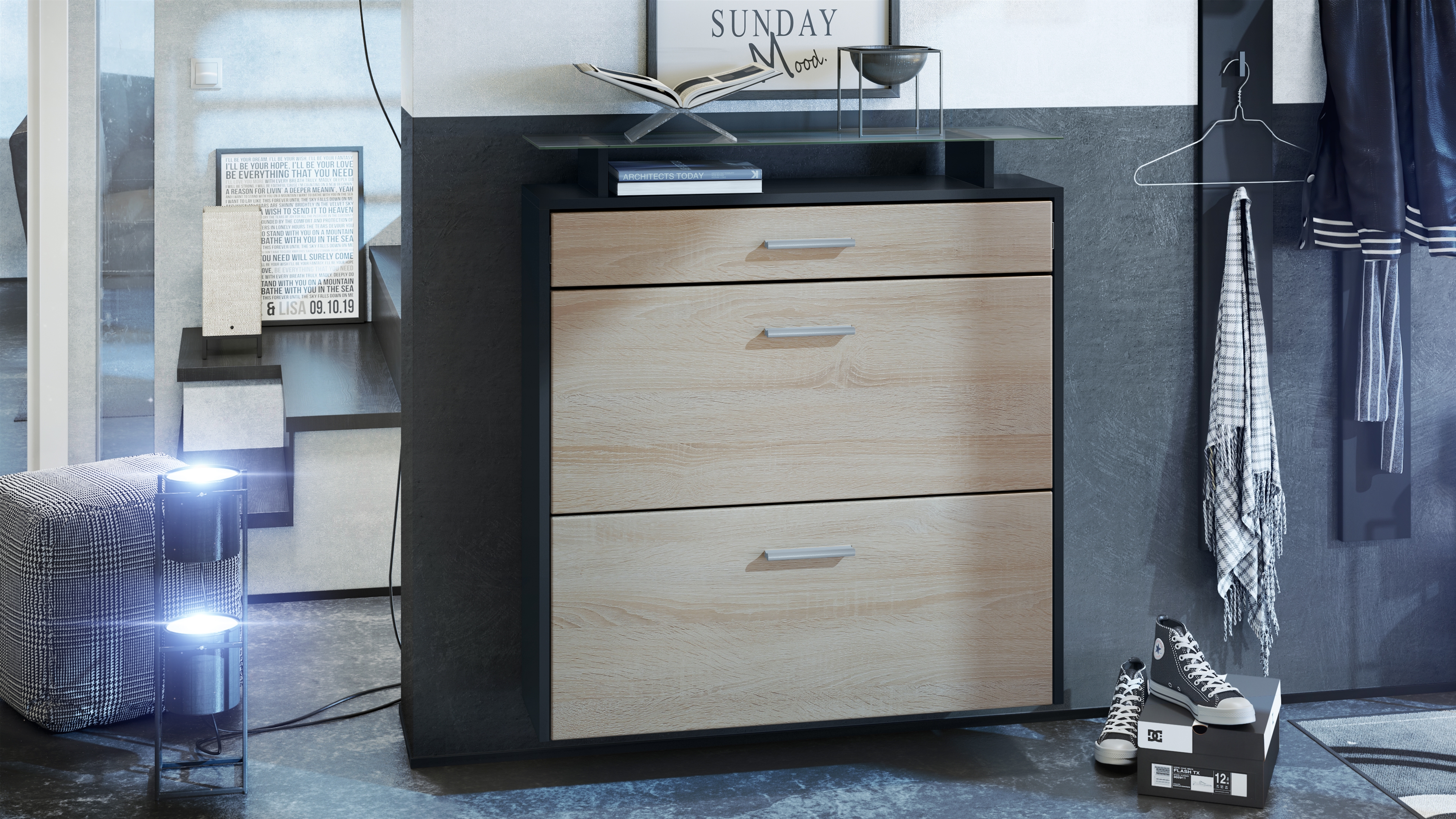 Schuhschrank Malea mit 2 Klappen und 1 Schublade und Glasablage Schwarz matt/Eiche Sägerau (89 x 96 x 23 cm)