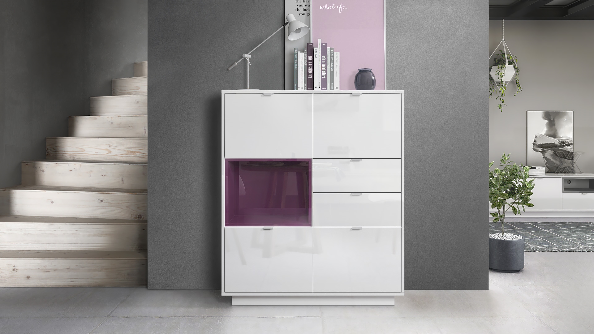 Highboard Metro  mit 4 Türen, 2 Schubladen und 1 offenem Fach Weiß glänzend/Brombeer glänzend inkl. LED Beleuchtung (103x123x38 cm)