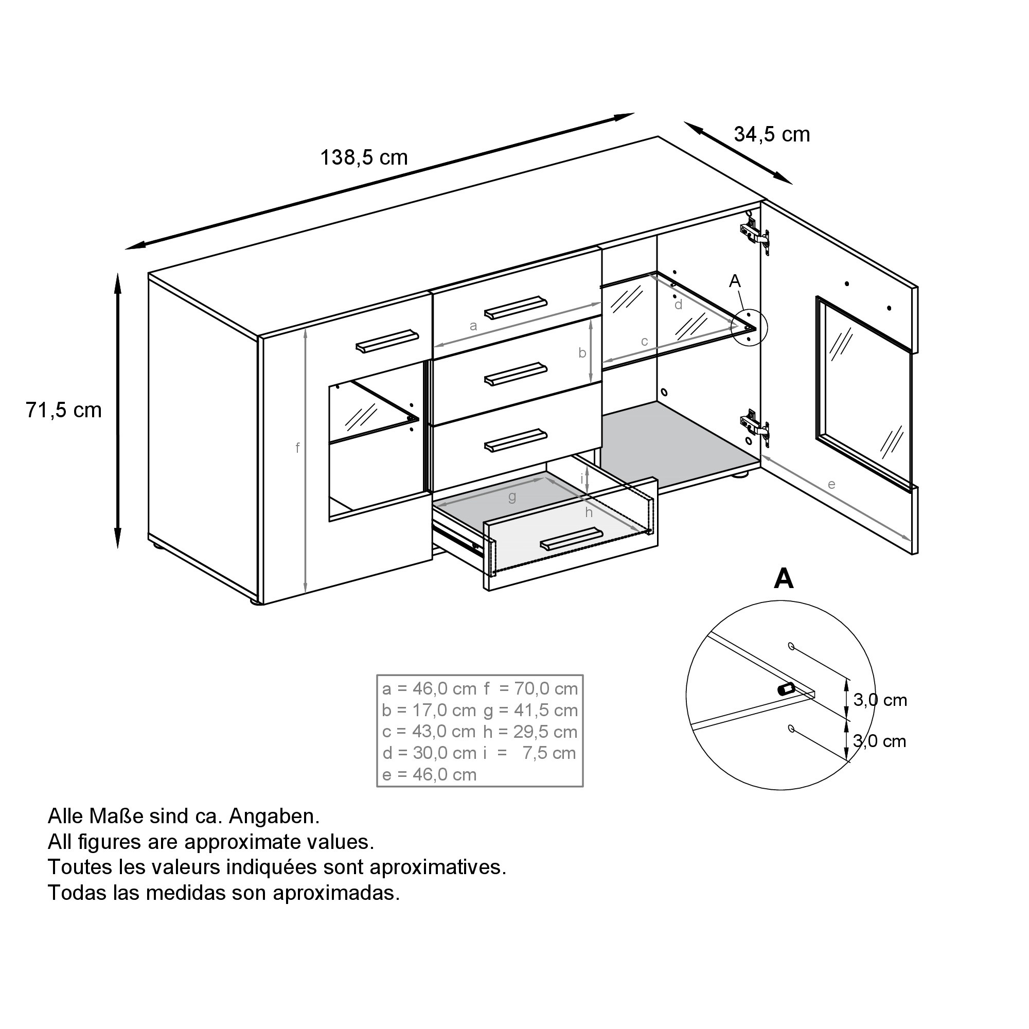 Sideboard Grömitz V1 4 Schubladen und 2 flexible Glaseinlegeböden Schwarz matt/Avola-Anthrazit (139 x 72 x 35)